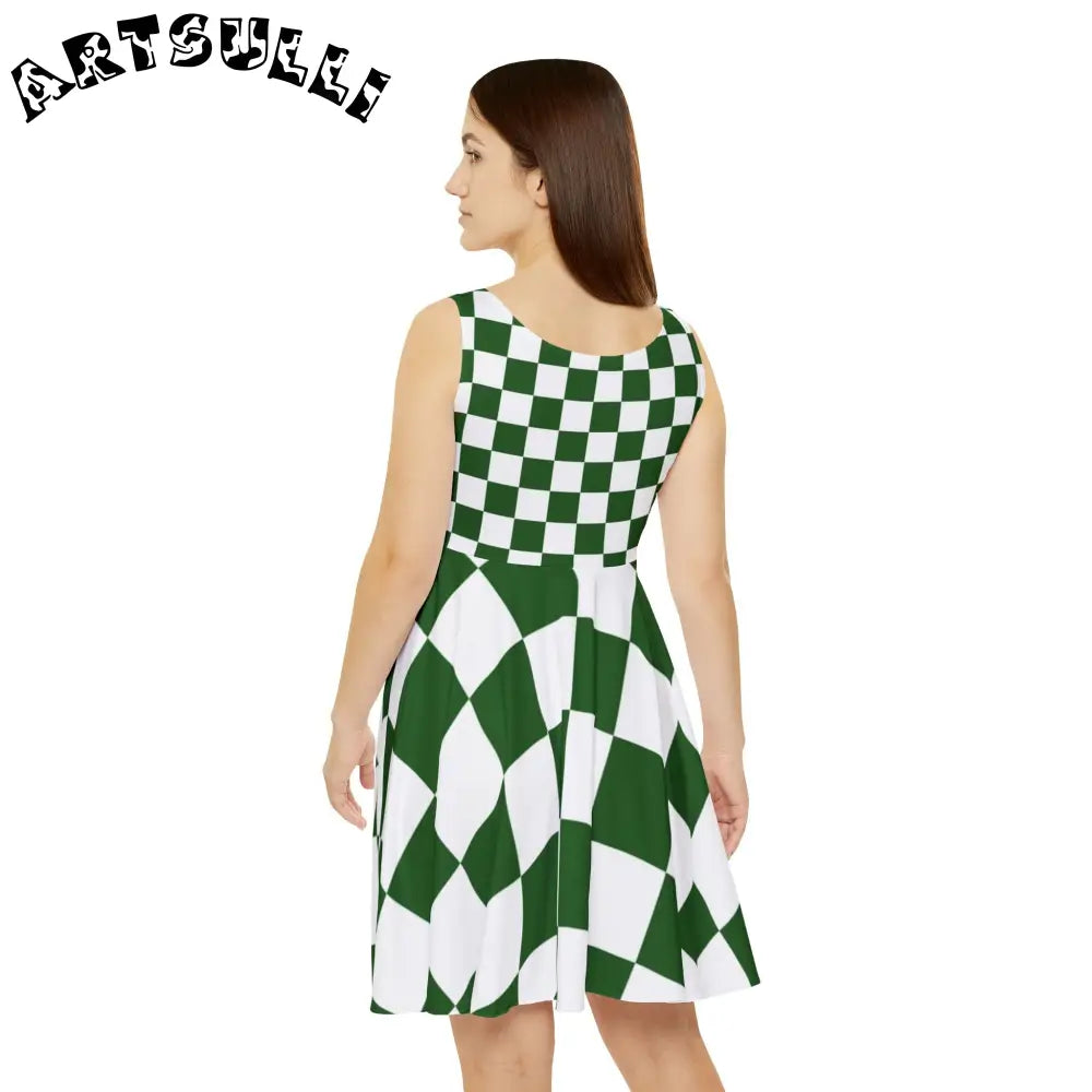 JAKKOUTTHEBXX Checkerboard White and Dark Green Women’s Skater Dress