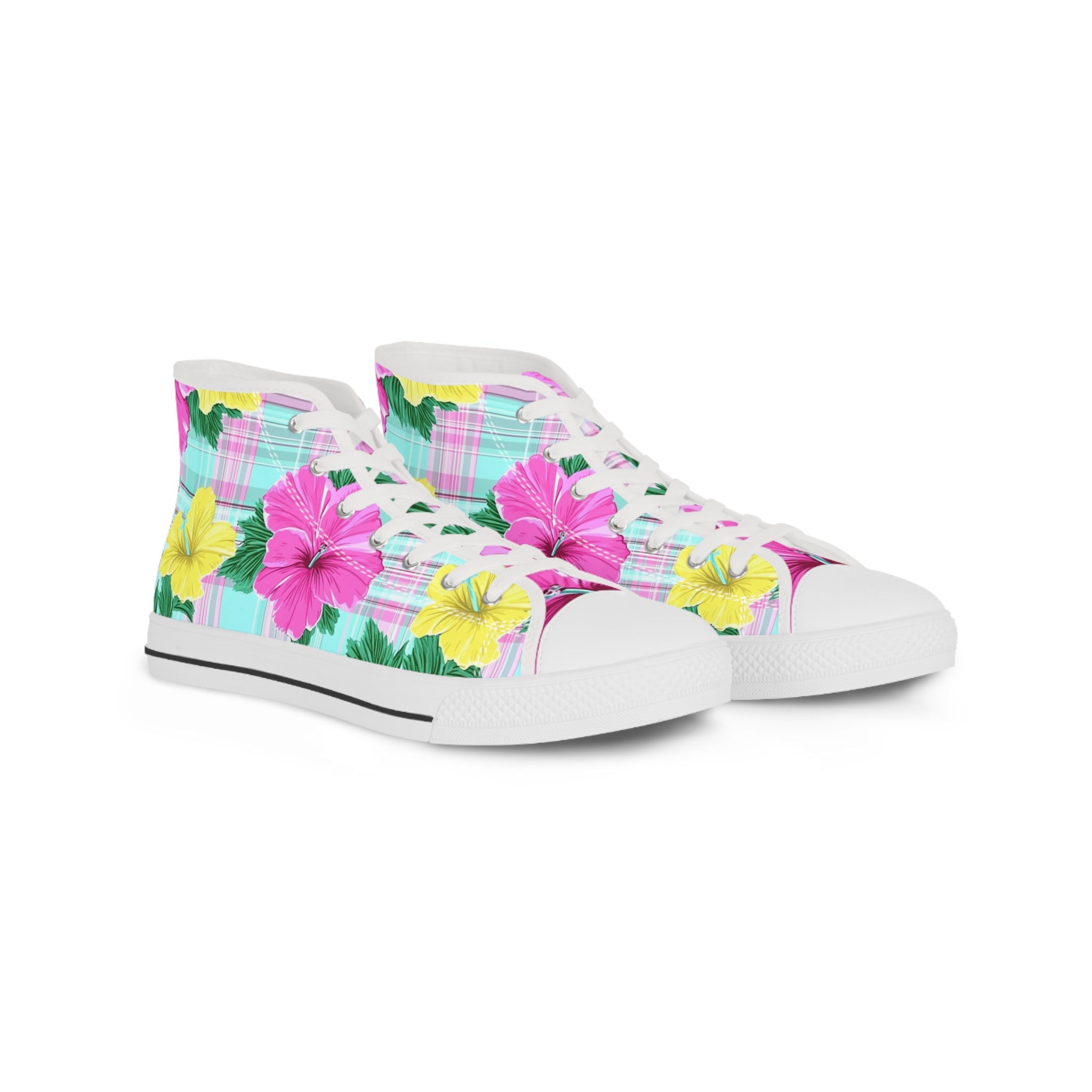 Plaid Hibiscus Pink and Yellow Men's High Top Sneakers, Artsulli - Art is Long, Life is Short, Shoes, Size, US 5, Color, White sole, , , 27769753217213326895