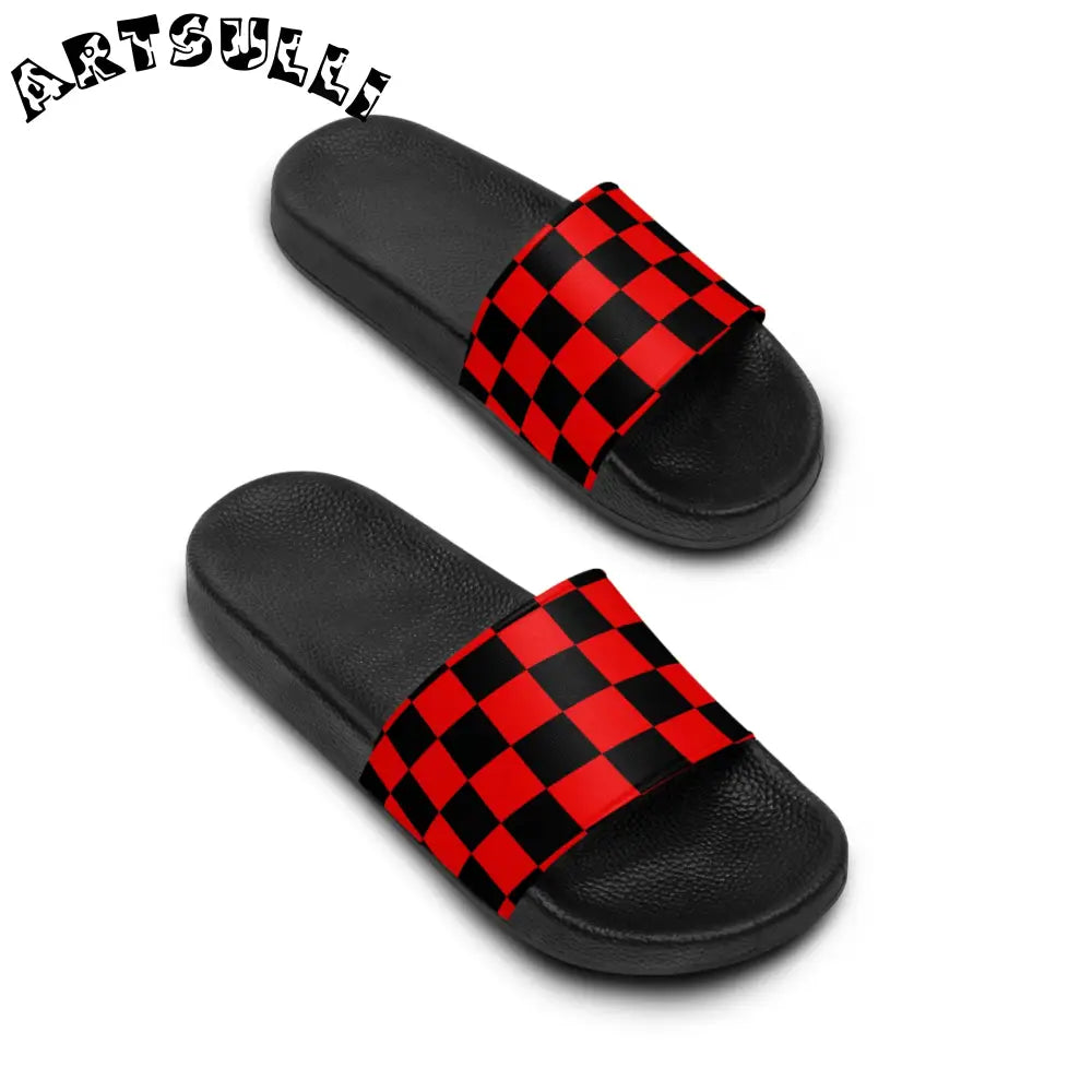 JAKKOUTTHEBXX Checkerboard Red and Black Men’s Slide Sandals