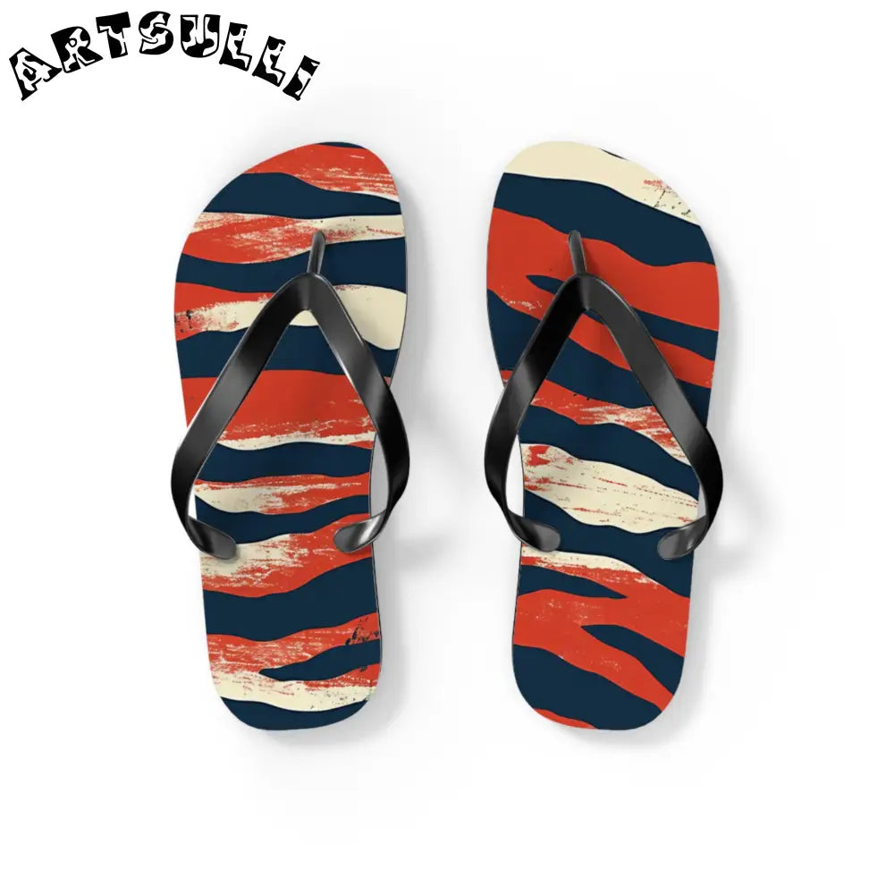 JAKKOUTTHEBXX Red White Blue Abstract Striped Flip Flops