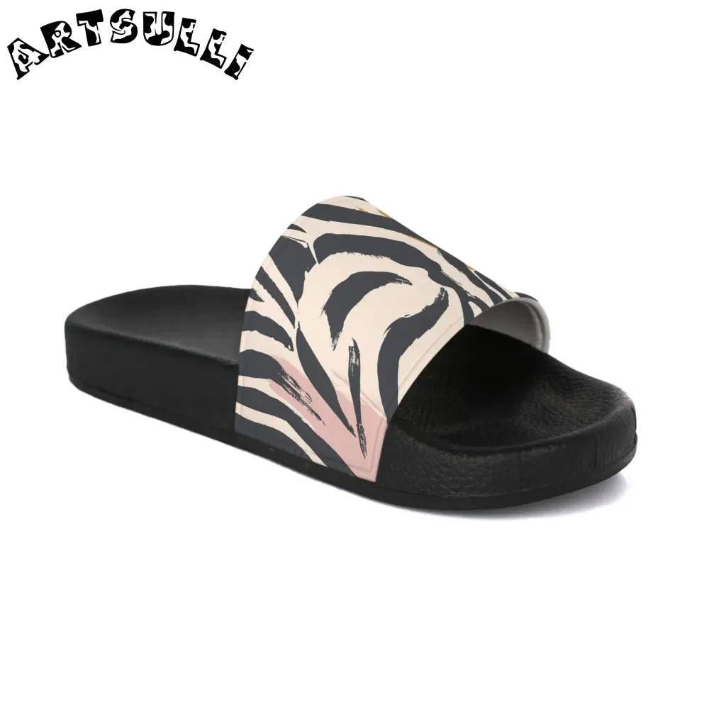 JAKKOUTTHEBXX Zebra Print Slide Sandals with Pink Accent
