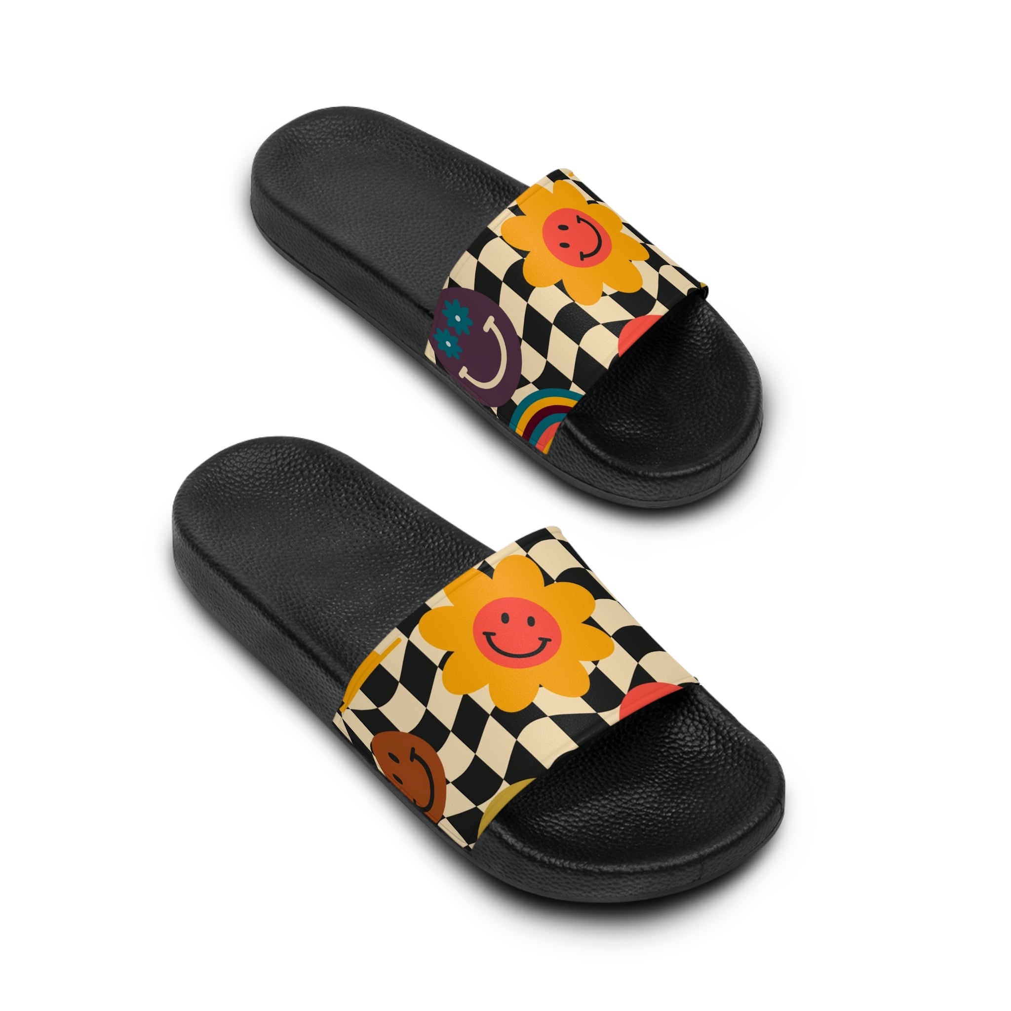 Trippy x Wavy Checkerboard x Smiley Face x Rainbow x Flowers Multi-Color Women's Slide Sandals, Artsulli - Art is Long, Life is Short, Shoes, , , , , , , 