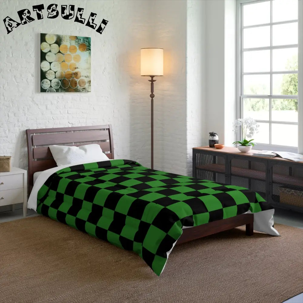 JAKKOUTTHEBXX Checkerboard Green and Black Comforter JAKKOUTTHEBXX