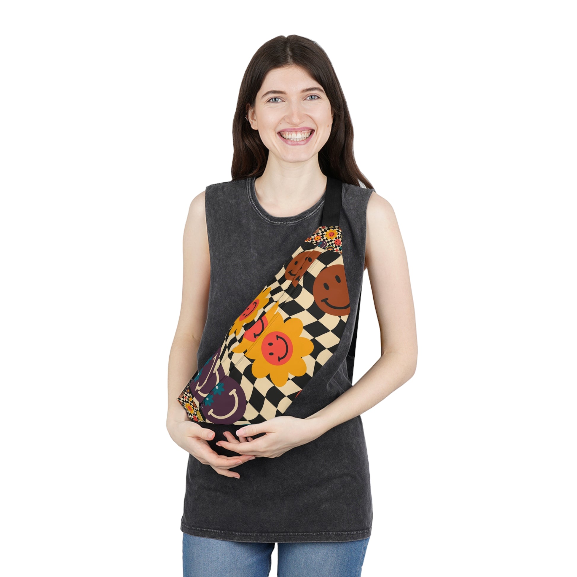 Trippy x Wavy Checkerboard x Smiley Face x Rainbow x Flowers Multi-Color Large Fanny Pack, Artsulli - Art is Long, Life is Short, Bags, , , , , , , 
