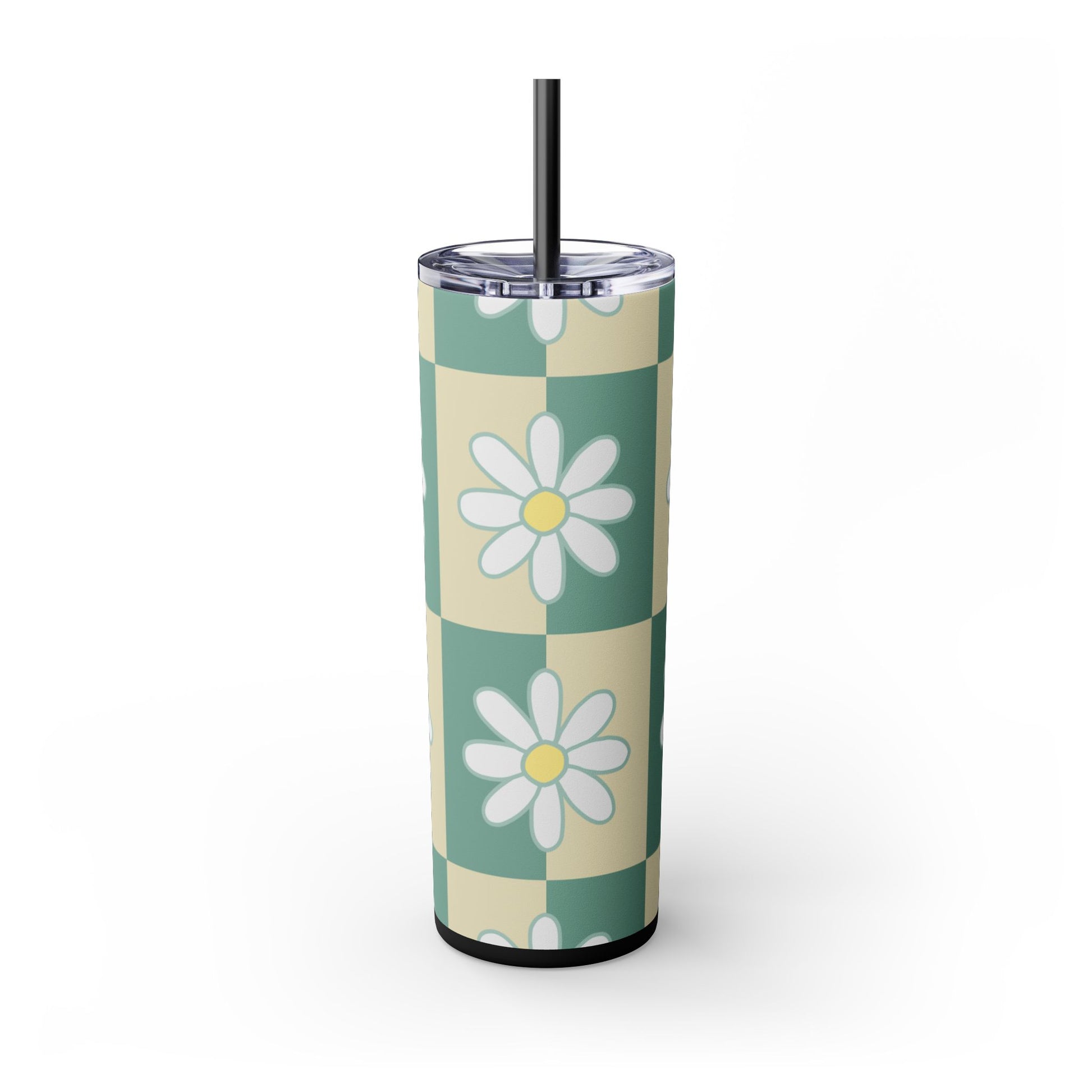 Retro Daisy Checkerboard Green and Tan Skinny Tumbler with Straw, 20oz, Artsulli - Art is Long, Life is Short, Mug, , , , , , , 
