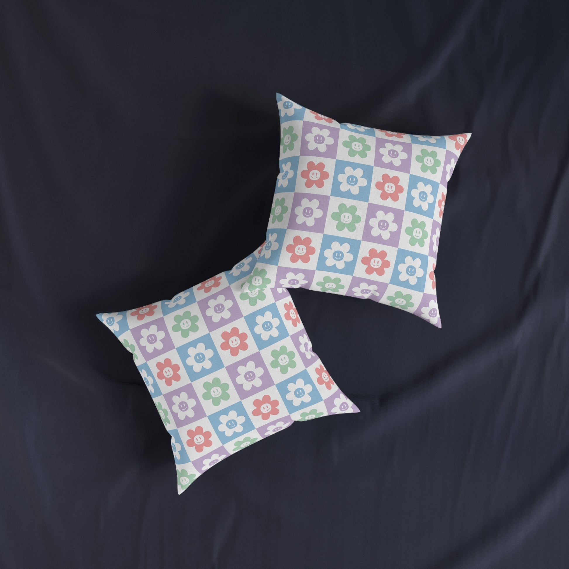 Chessboard x Smiley Face Flowers II Multi-Color  Square Pillow, Artsulli - Art is Long, Life is Short, Home Decor, , , , , , , 
