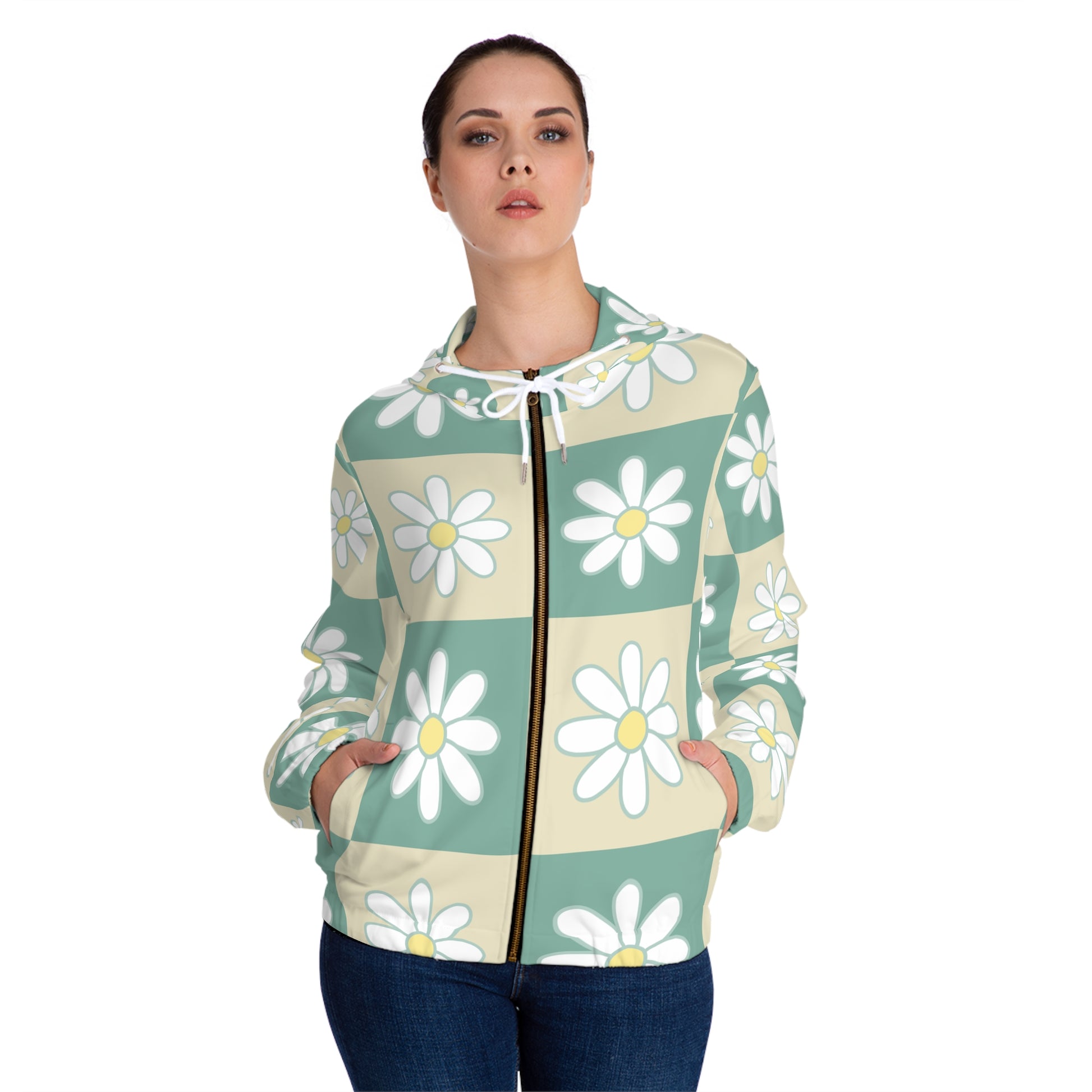 Retro Daisy Checkerboard Green and Tan Women’s Full-Zip Hoodie (AOP), Artsulli - Art is Long, Life is Short, All Over Prints, , , , , , , 