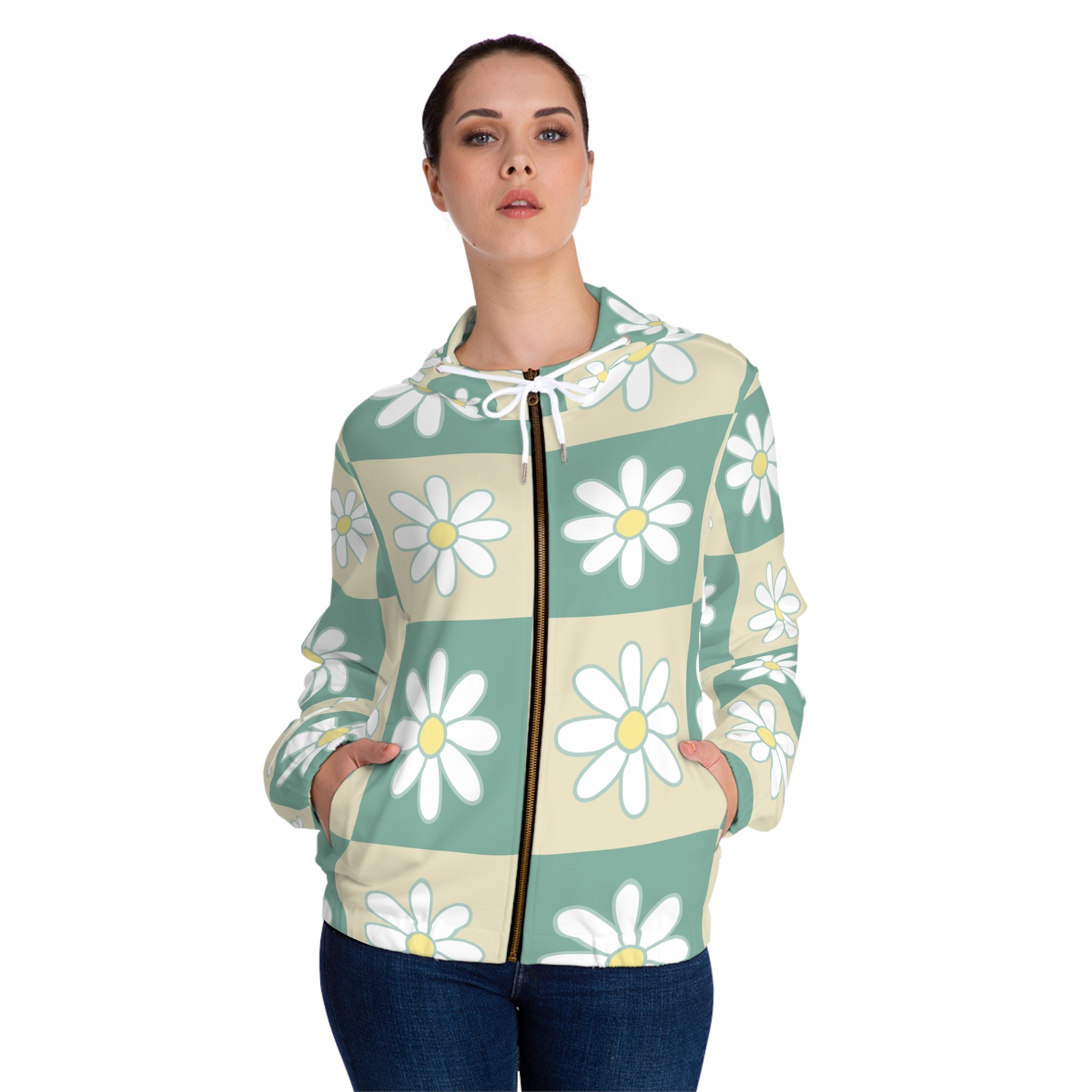 Retro Daisy Checkerboard Green and Tan Women’s Full-Zip Hoodie (AOP), Artsulli - Art is Long, Life is Short, All Over Prints, , , , , , , 