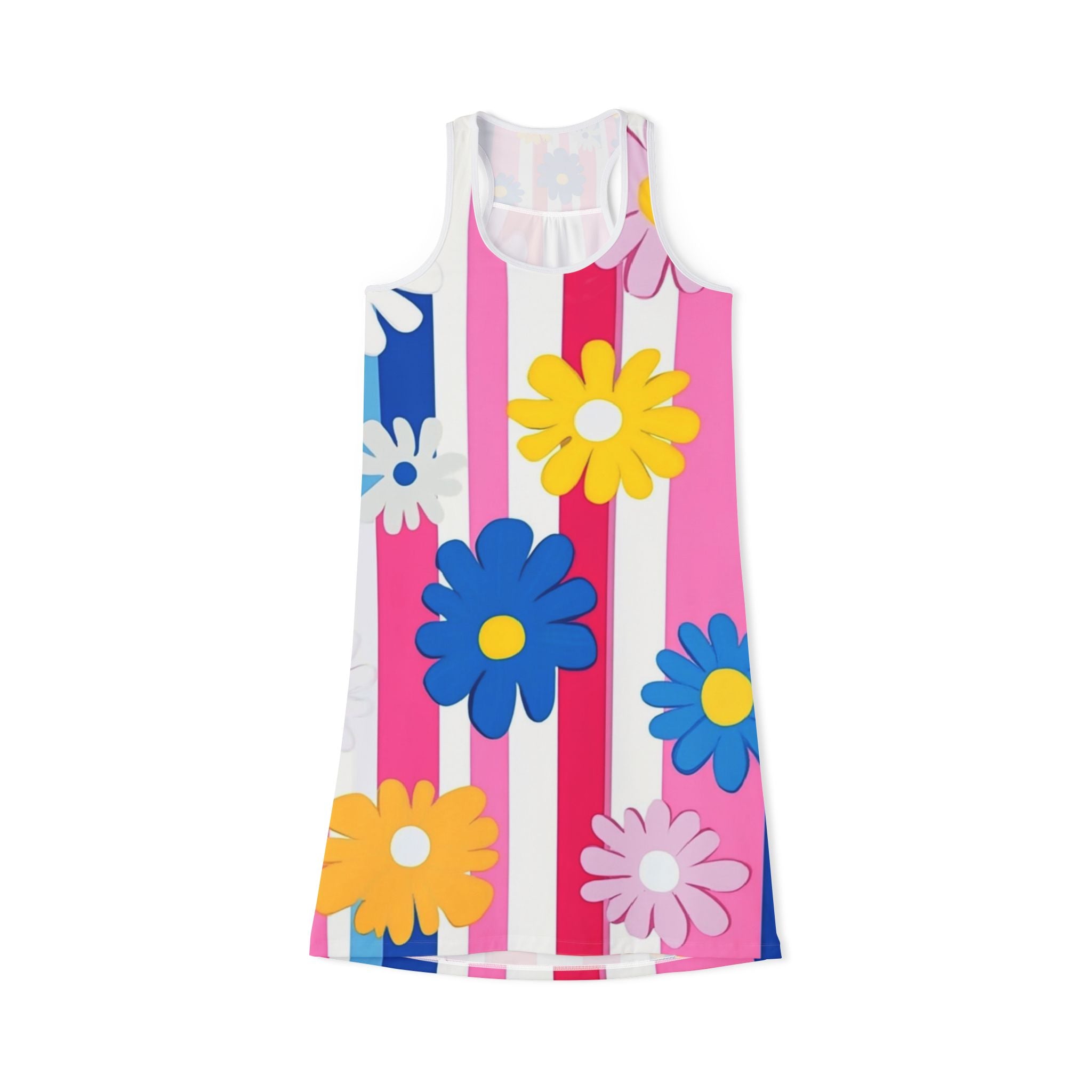 Flowers x Stripes II Multi-Color Women's Racerback Dress (AOP), Artsulli - Art is Long, Life is Short, Tank Top, Size, XS, Color, White, , , 55509037560422