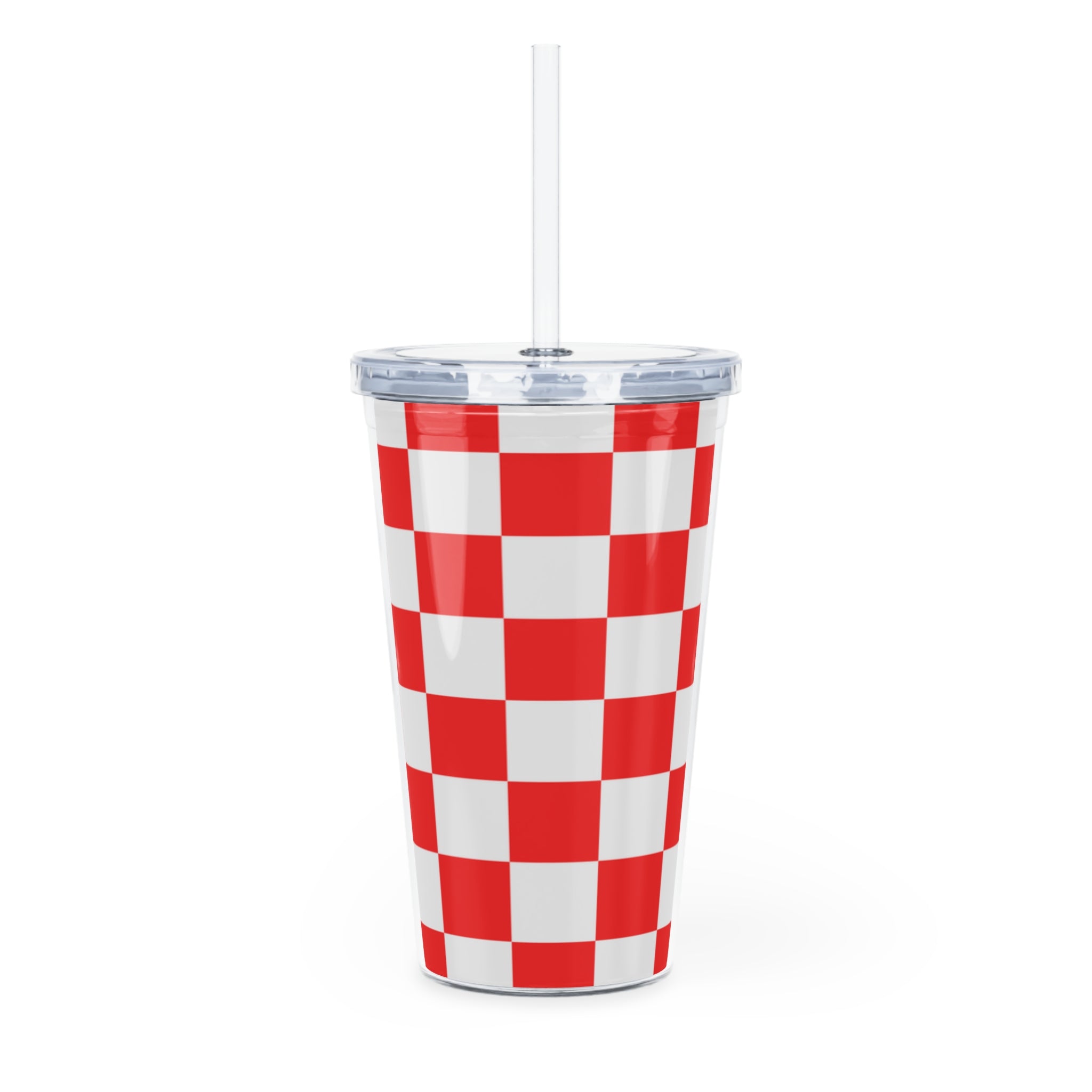 Checkerboard Red and White Plastic Tumbler with Straw, Artsulli - Art is Long, Life is Short, Mug, , , , , , , 