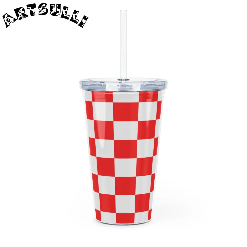 JAKKOUTTHEBXX Checkerboard Red and White Plastic Tumbler with Straw