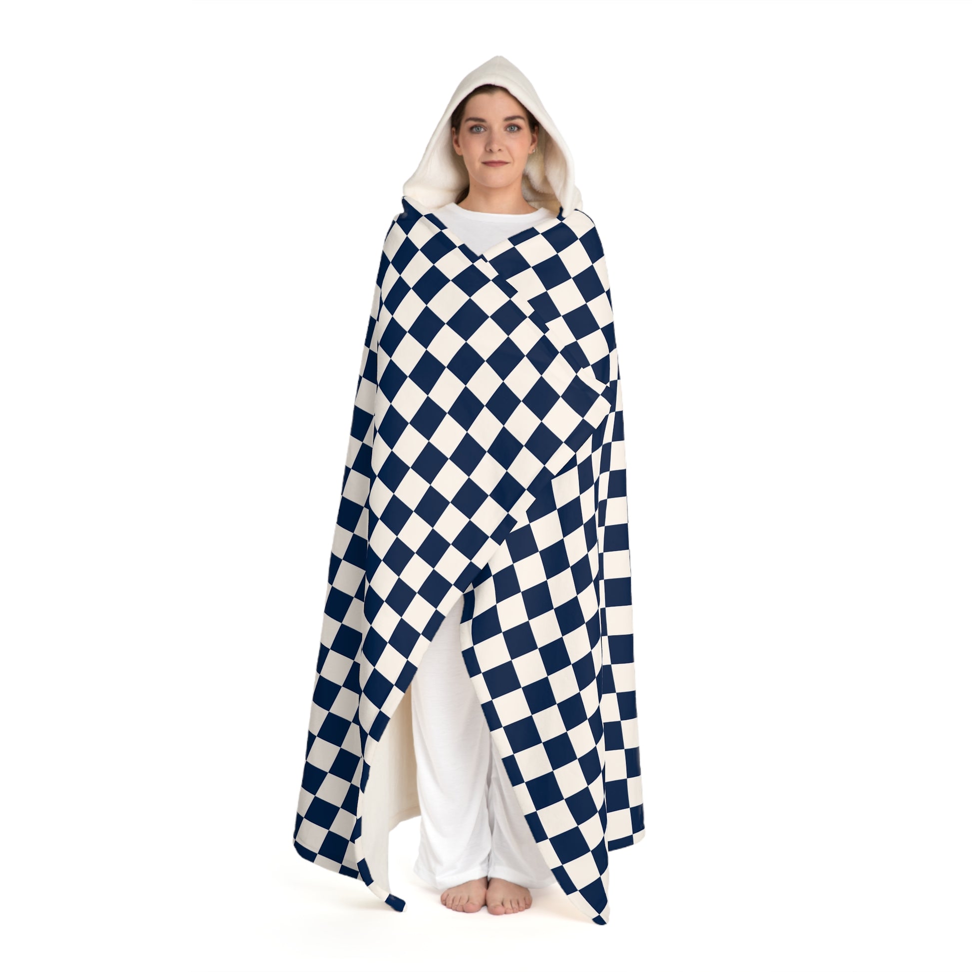 Checkerboard II White and Navy Blue Hooded Sherpa Fleece Blanket, Artsulli - Art is Long, Life is Short, All Over Prints, , , , , , , 