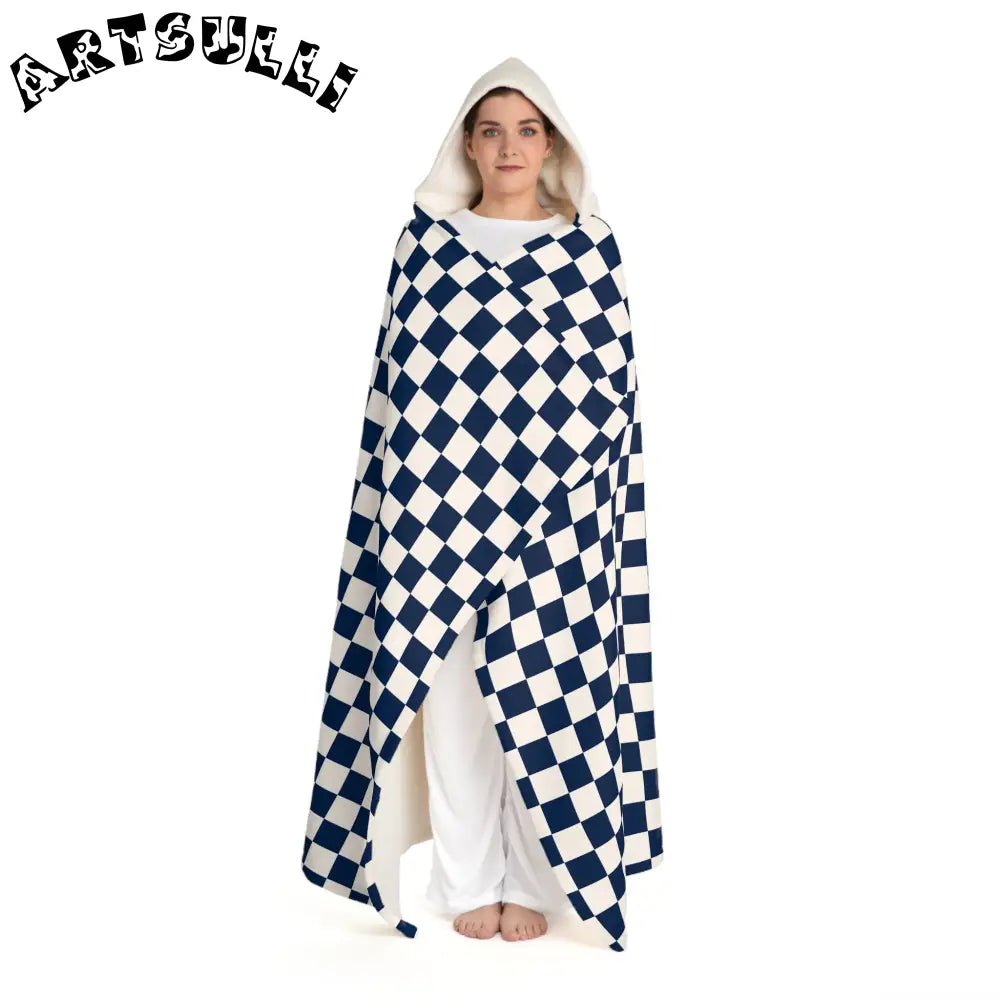 JAKKOUTTHEBXX Checkerboard II White and Navy Blue Hooded Sherpa