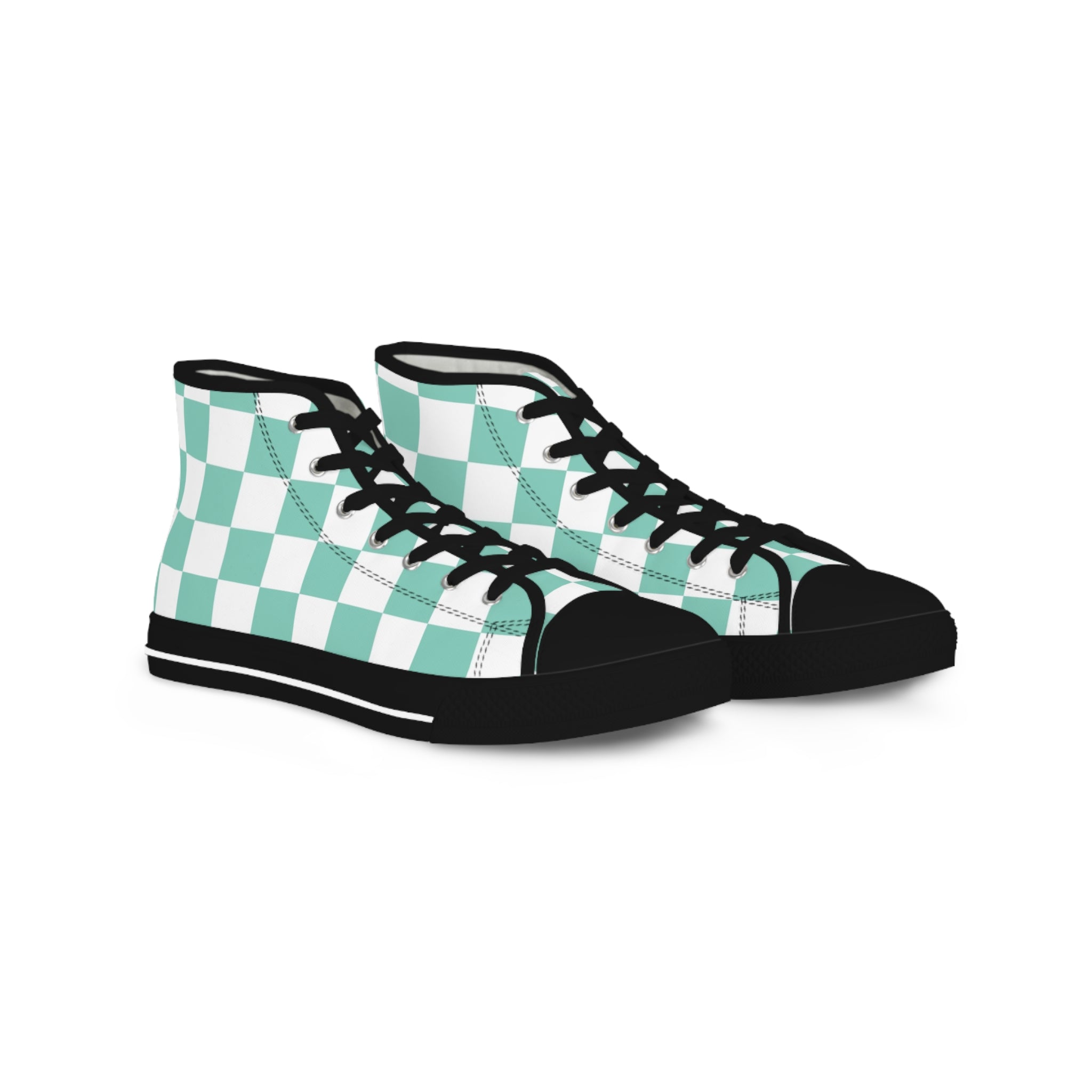 Checkerboard Light Green Men's High Top Sneakers, Artsulli - Art is Long, Life is Short, Shoes, Size, US 5, Color, Black sole, , , 12282263250010378075