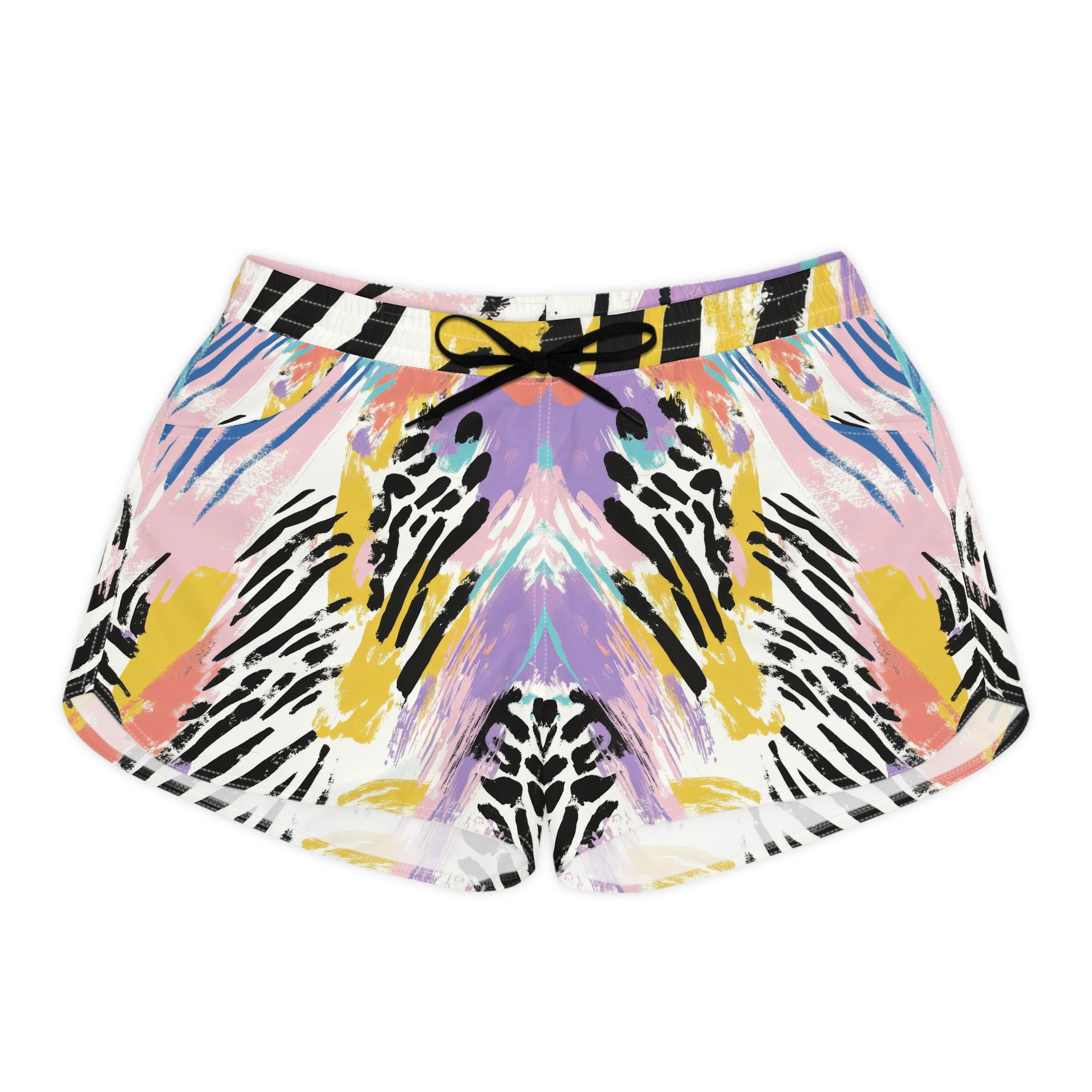 Wild Zebra Stripes x Paint Brush Strokes Multi-Color Women's Casual Shorts (AOP), Artsulli - Art is Long, Life is Short, All Over Prints, Size, S, Color, Black drawstring, , , 18357420723754060736