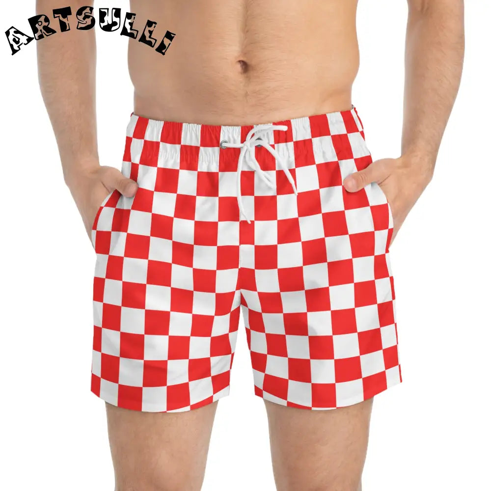 JAKKOUTTHEBXX Checkerboard II Red and White Swim Trunks (AOP)