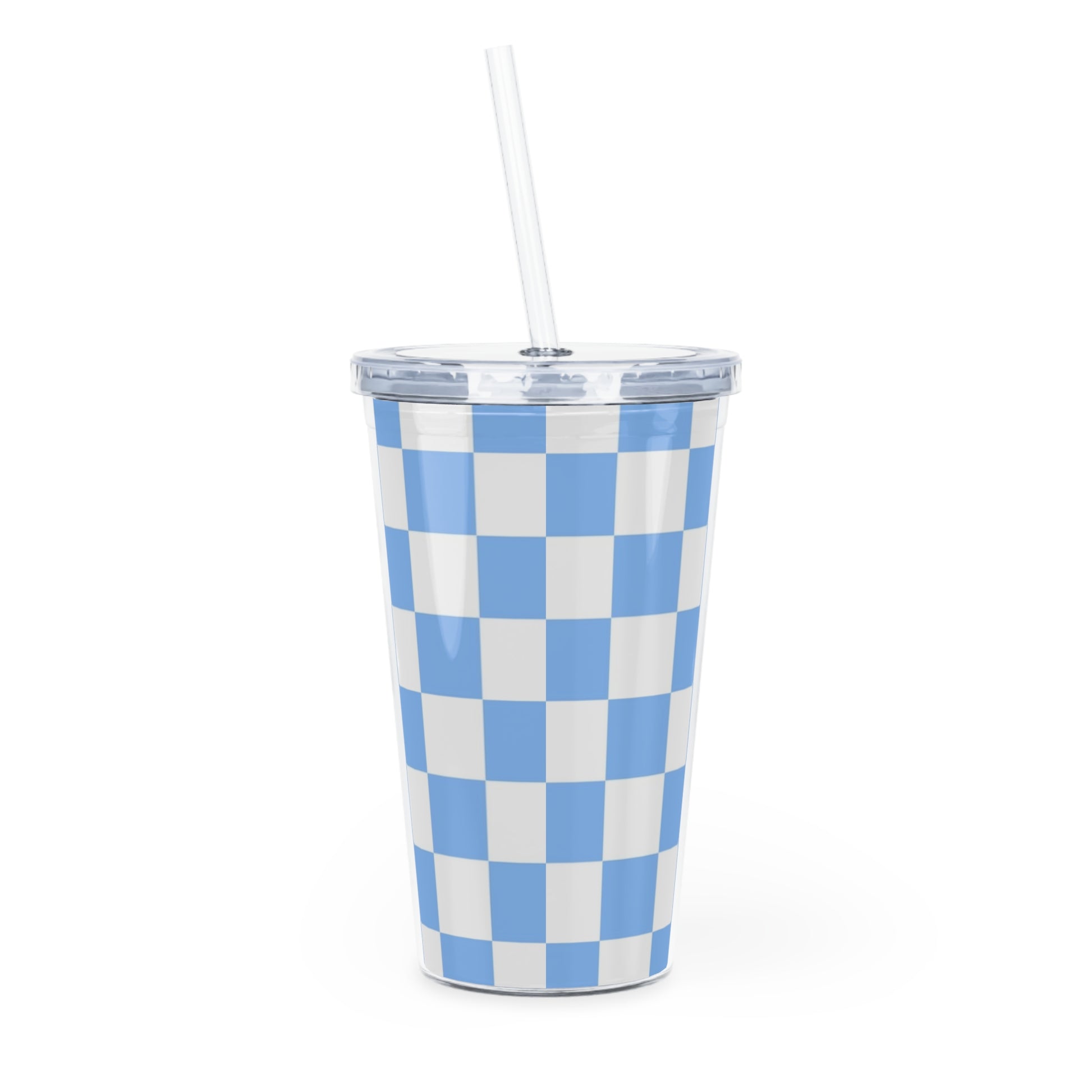 Checkerboard White and Light Blue Plastic Tumbler with Straw, Artsulli - Art is Long, Life is Short, Mug, , , , , , , 