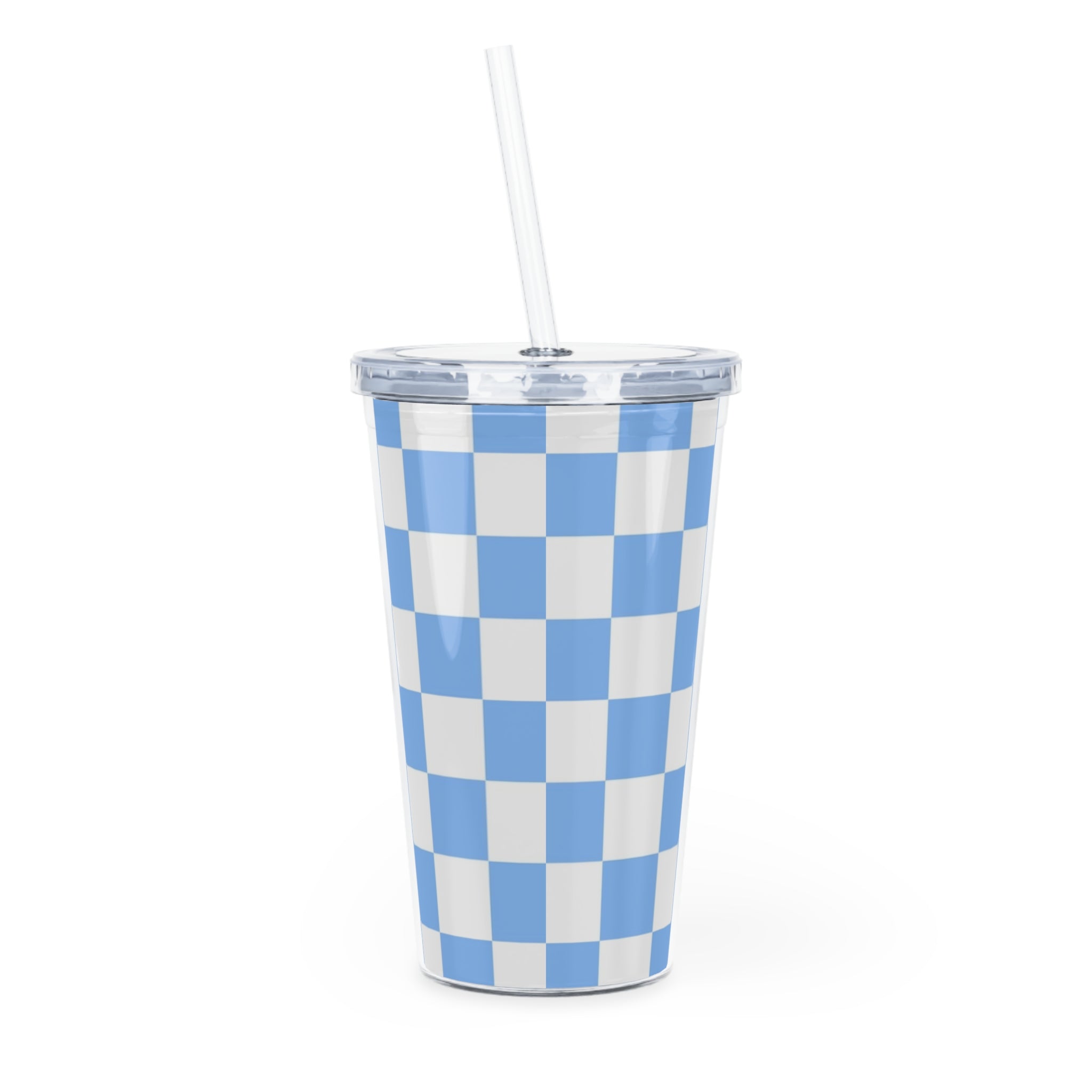 Checkerboard White and Light Blue Plastic Tumbler with Straw, Artsulli - Art is Long, Life is Short, Mug, , , , , , , 