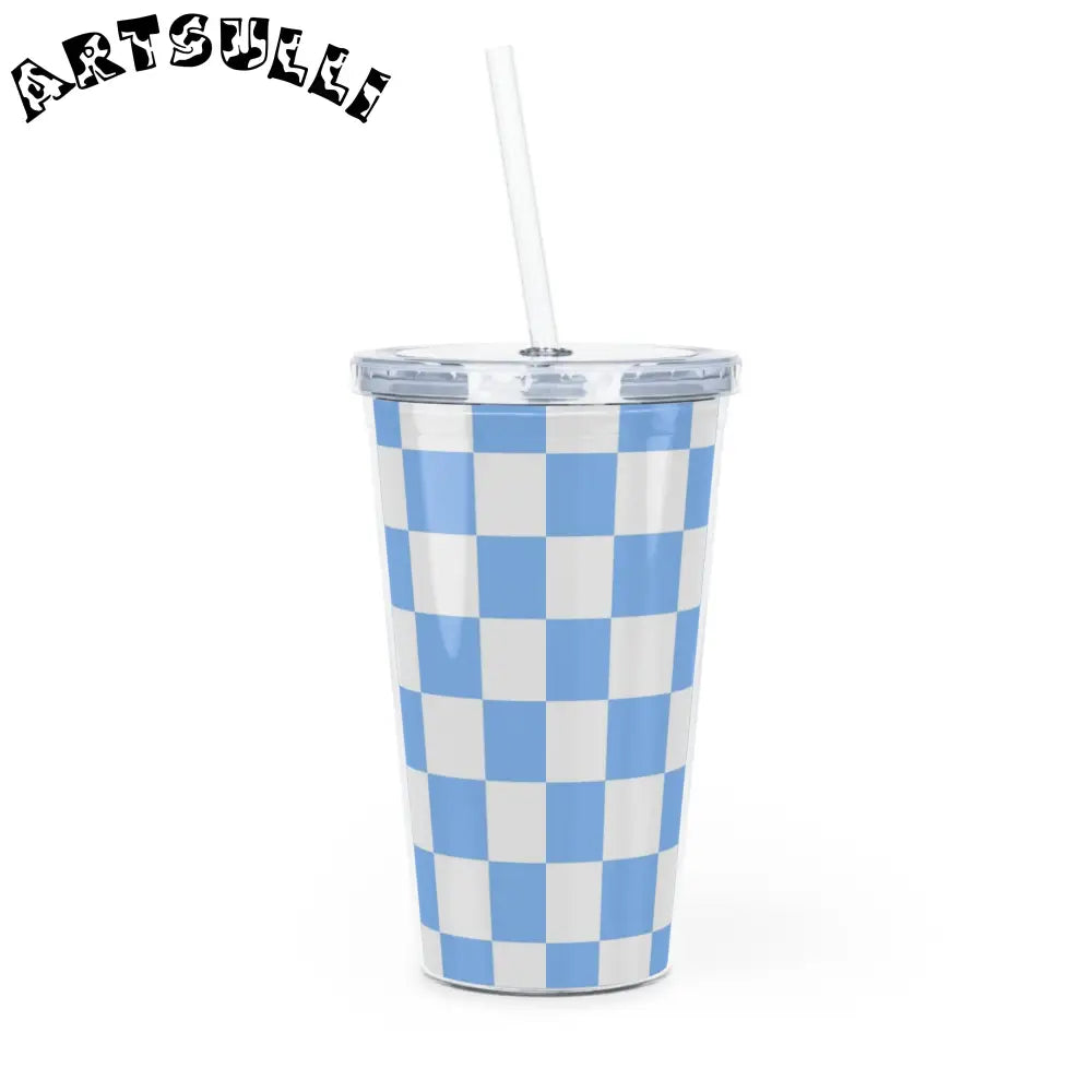 JAKKOUTTHEBXX Checkerboard White and Light Blue Plastic Tumbler