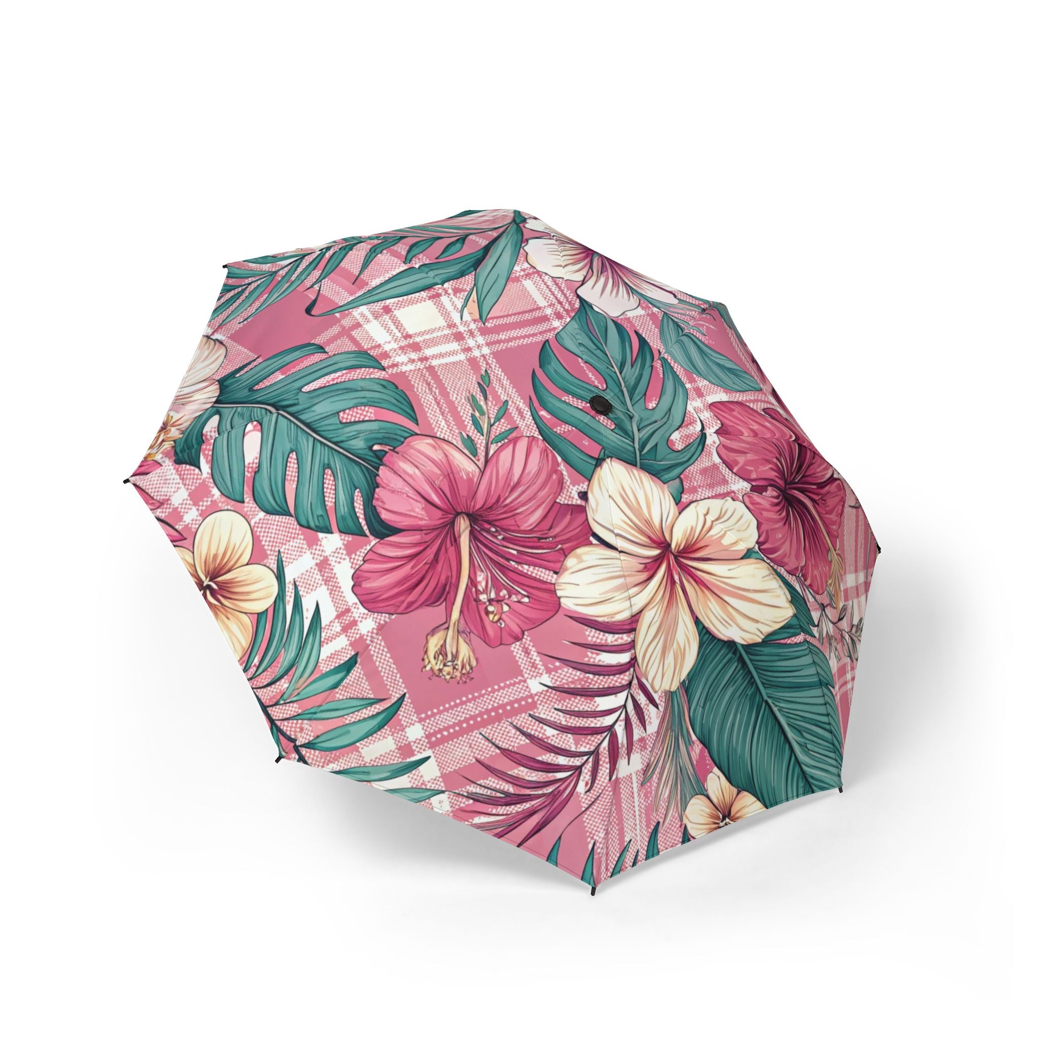 Plaid x Floral Burgundy and Green Semi-Automatic Foldable Umbrella, Artsulli - Art is Long, Life is Short, Accessories, Size, One size, , , , , 94565900235912
