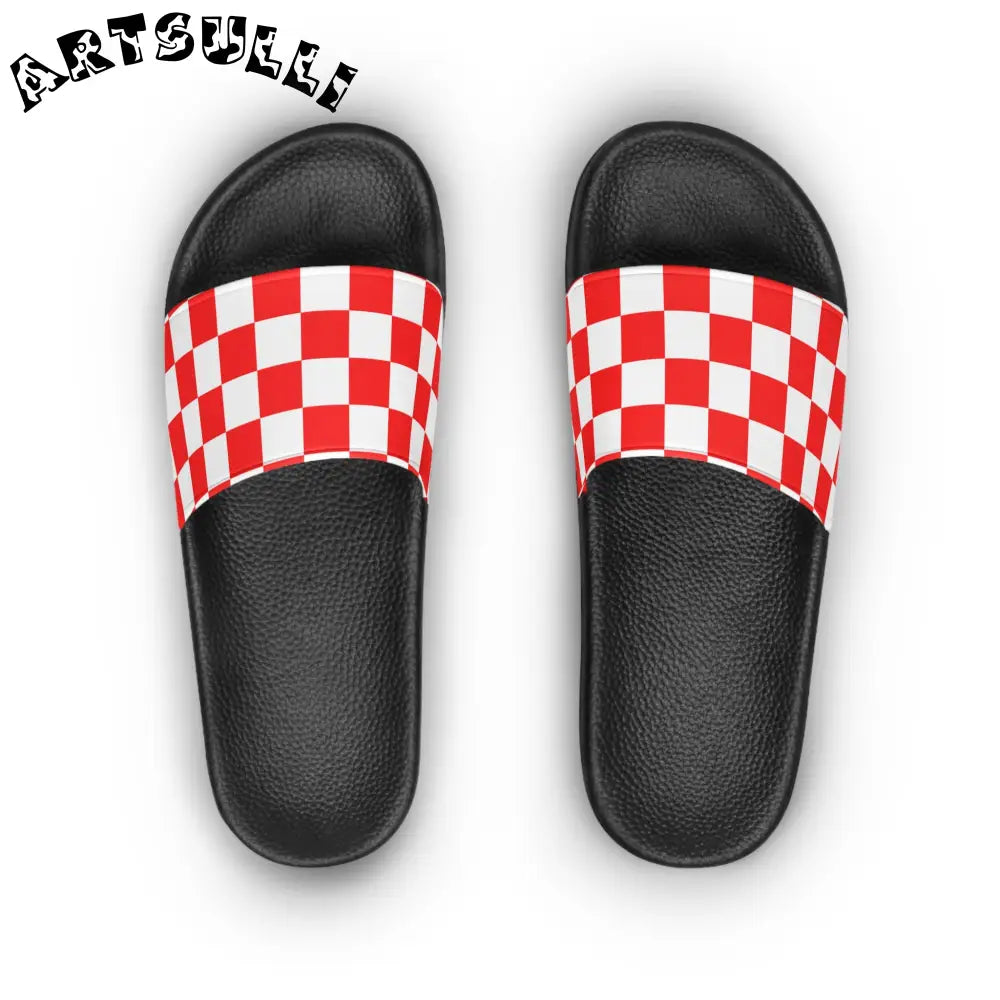 JAKKOUTTHEBXX Checkerboard Red and White Women’s Slide Sandals