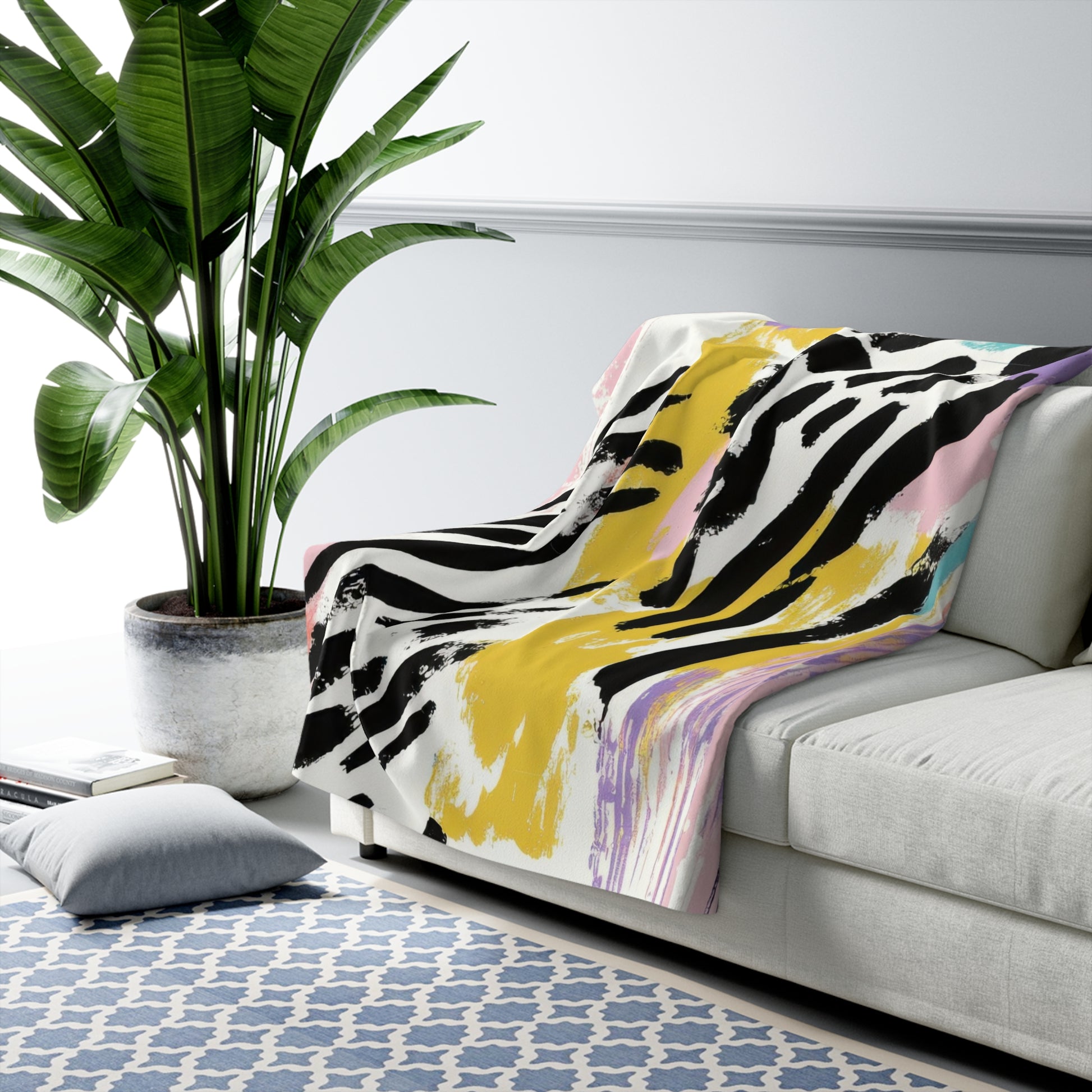 Wild Zebra Stripes x Paint Brush Strokes Multi-Color Sherpa Fleece Blanket, Artsulli - Art is Long, Life is Short, Home Decor, , , , , , , 