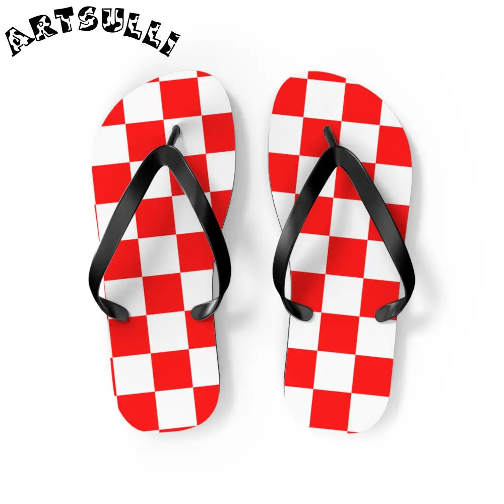 JAKKOUTTHEBXX Checkerboard Red and White Flip Flops JAKKOUTTHEBXX