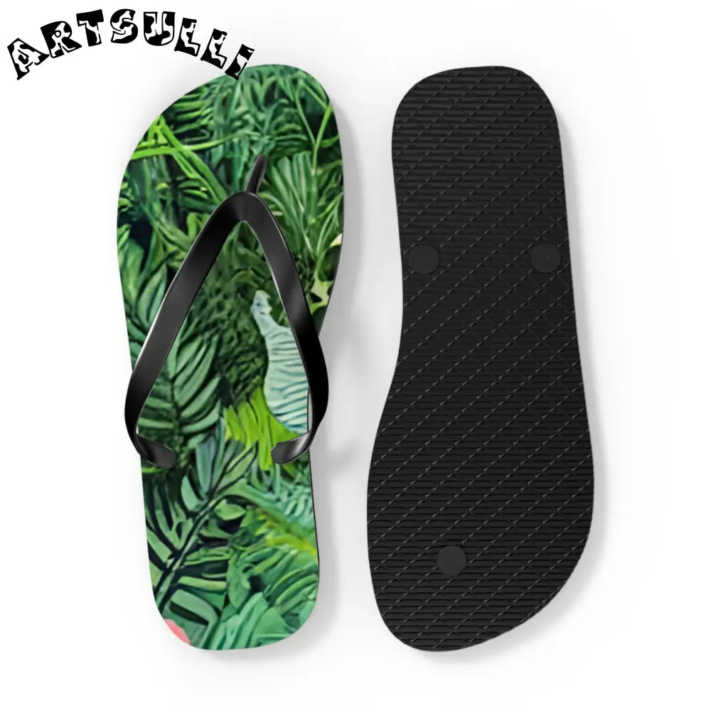 JAKKOUTTHEBXX Black Strapped Flip Flops with Green Leaf Pattern