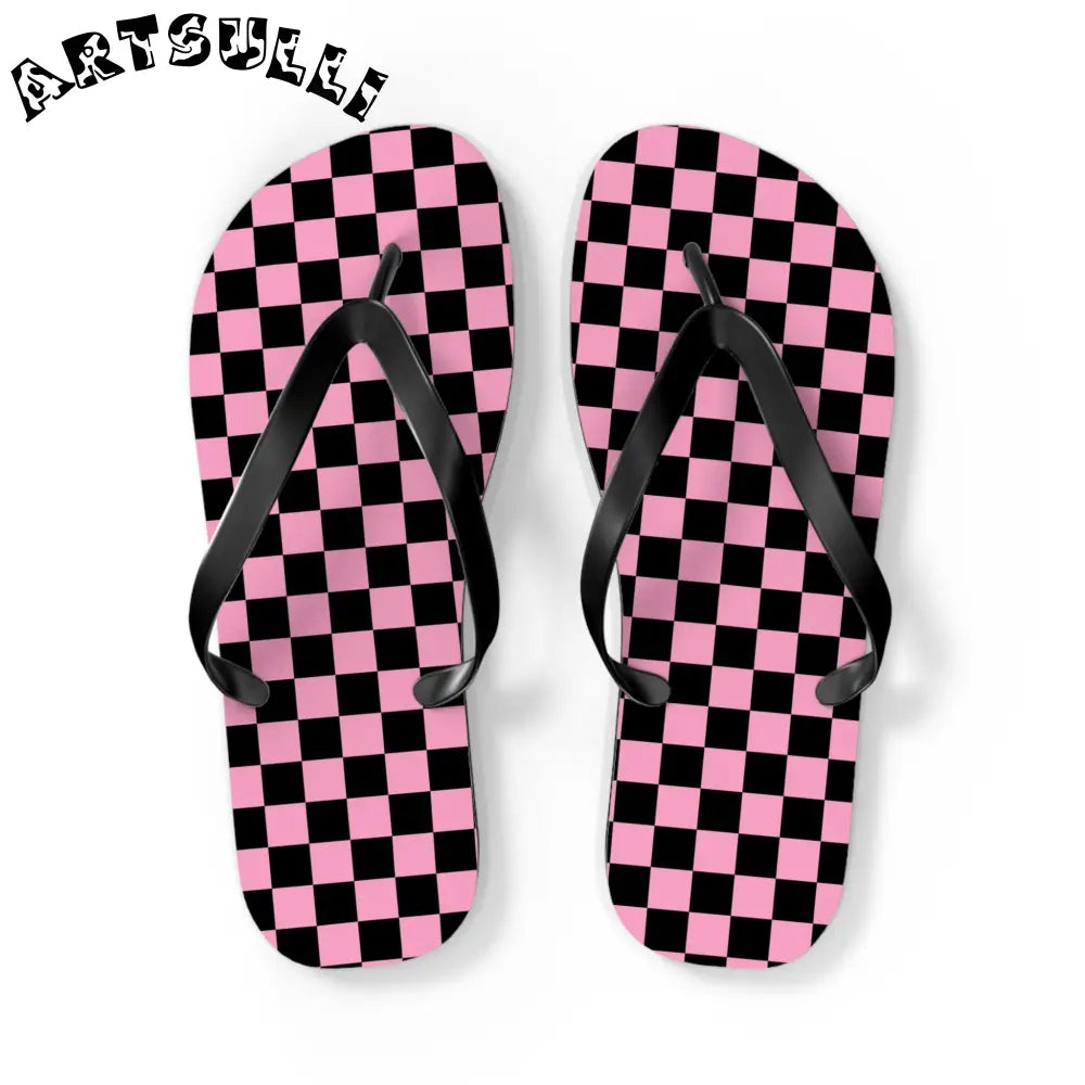 JAKKOUTTHEBXX Checkerboard Black and Pink Flip Flops JAKKOUTTHEBXX