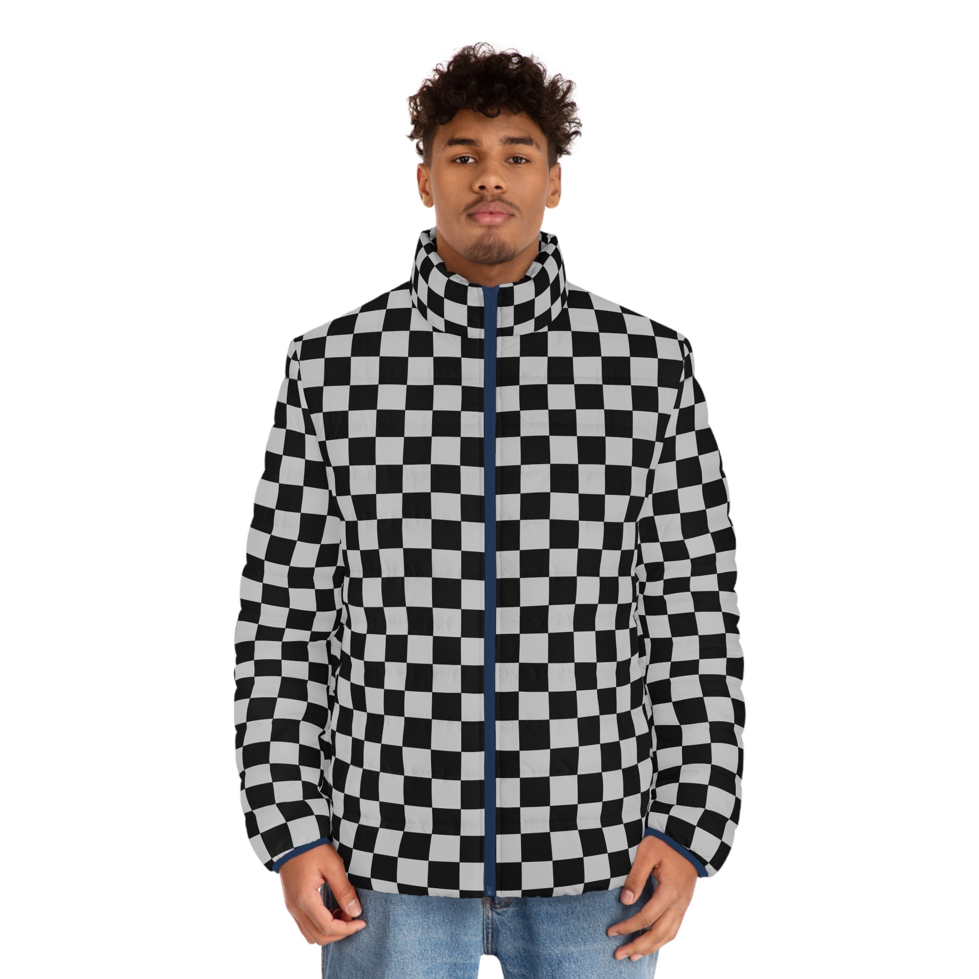 Checkerboard Dada Black and Light Gray Men's Puffer Jacket (AOP), Artsulli - Art is Long, Life is Short, All Over Prints, , , , , , , 