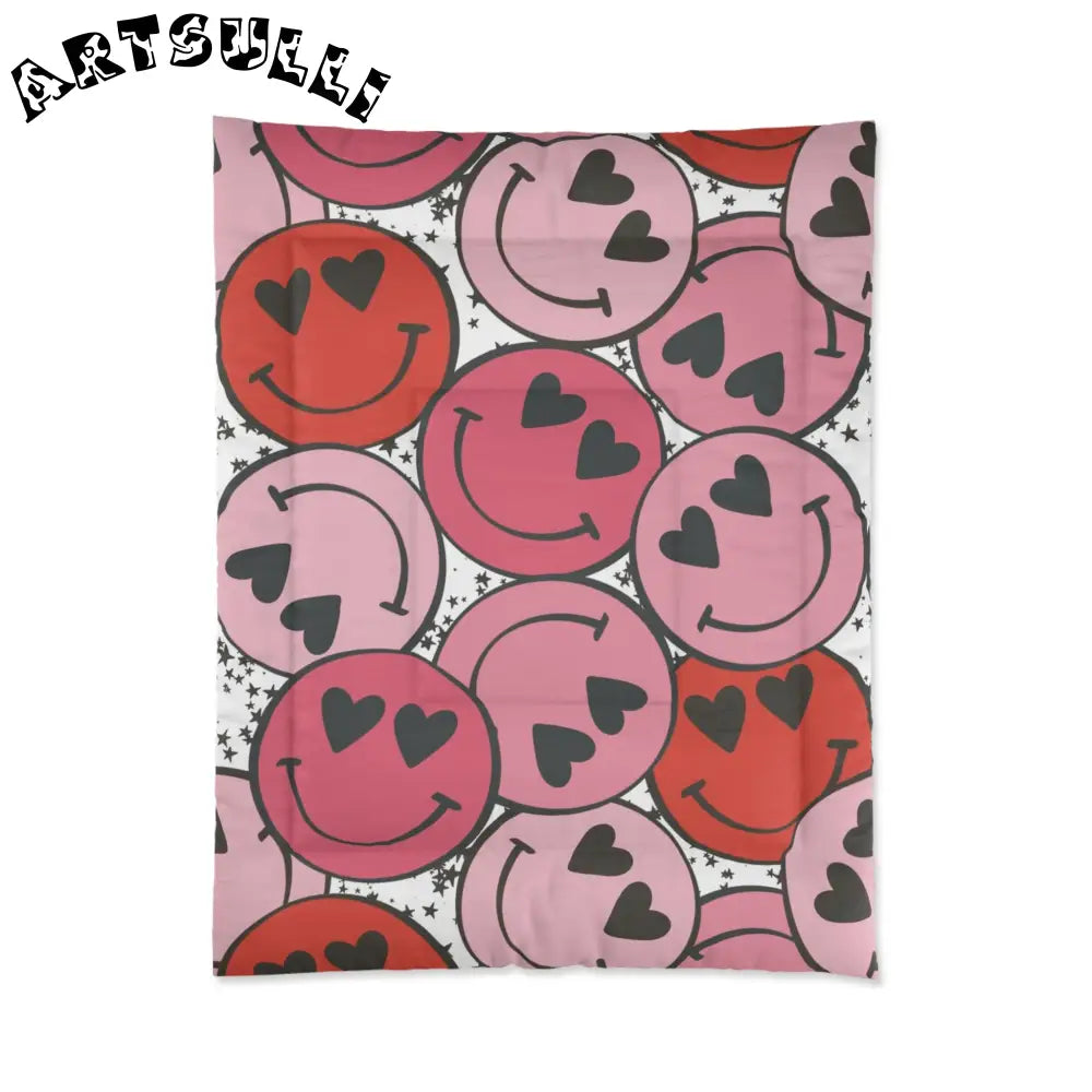 JAKKOUTTHEBXX Smiley Face x Heart Eyes Pink and Red Comforter