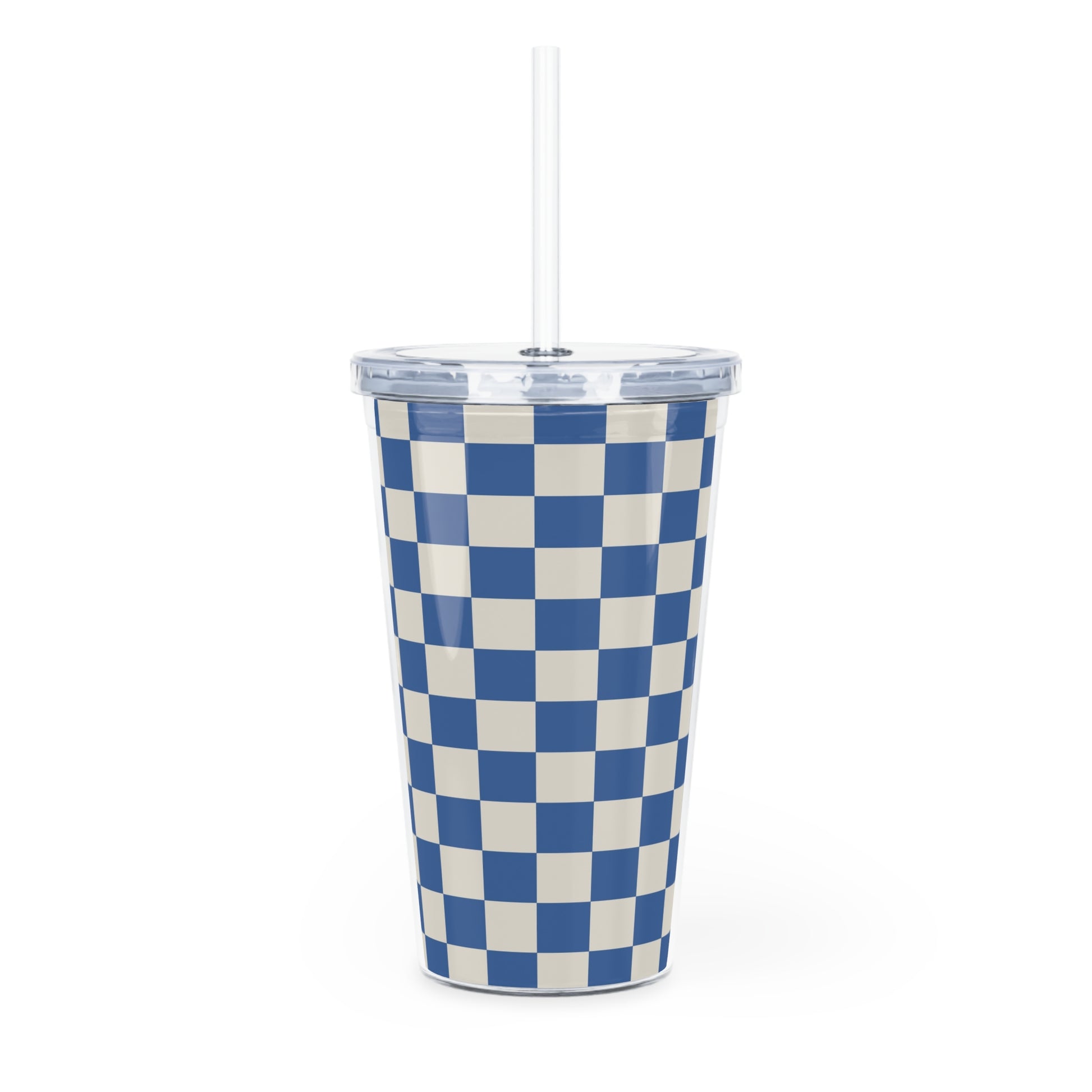 Checkerboard Blue Plastic Tumbler with Straw, Artsulli - Art is Long, Life is Short, Mug, , , , , , , 