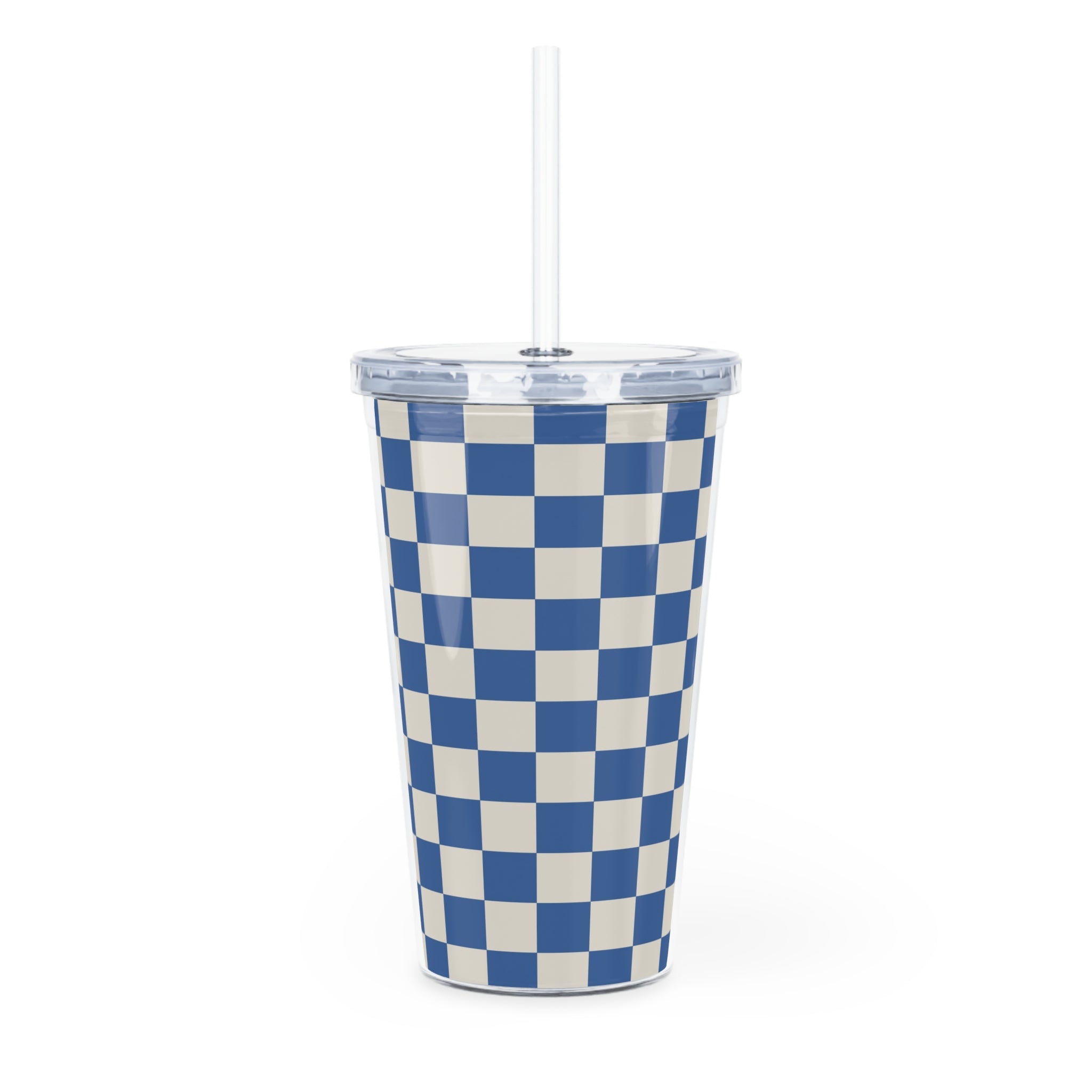 Checkerboard Blue Plastic Tumbler with Straw, Artsulli - Art is Long, Life is Short, Mug, , , , , , , 