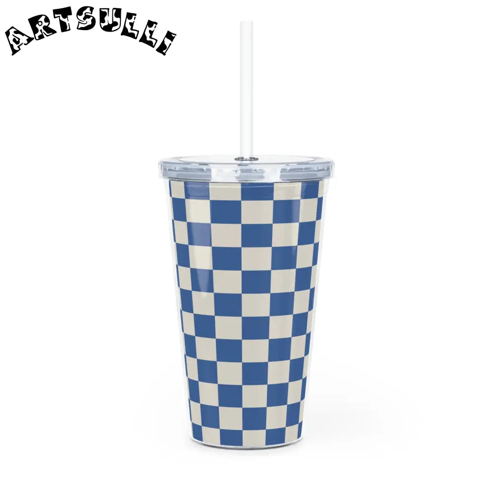 JAKKOUTTHEBXX Checkerboard Blue Plastic Tumbler with Straw