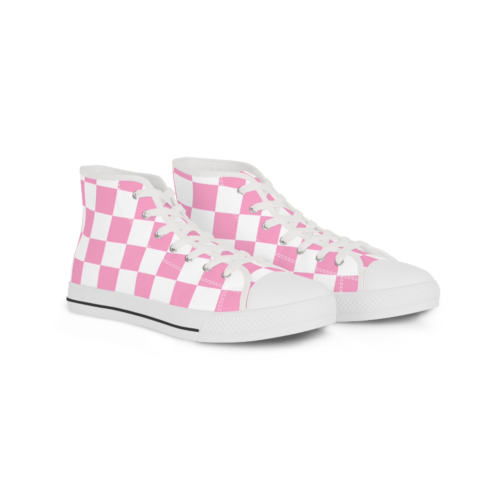 Checkerboard Hot Pink and White Men's High Top Sneakers, Artsulli - Art is Long, Life is Short, Shoes, Size, US 5, Color, White sole, , , 12539828931020149627