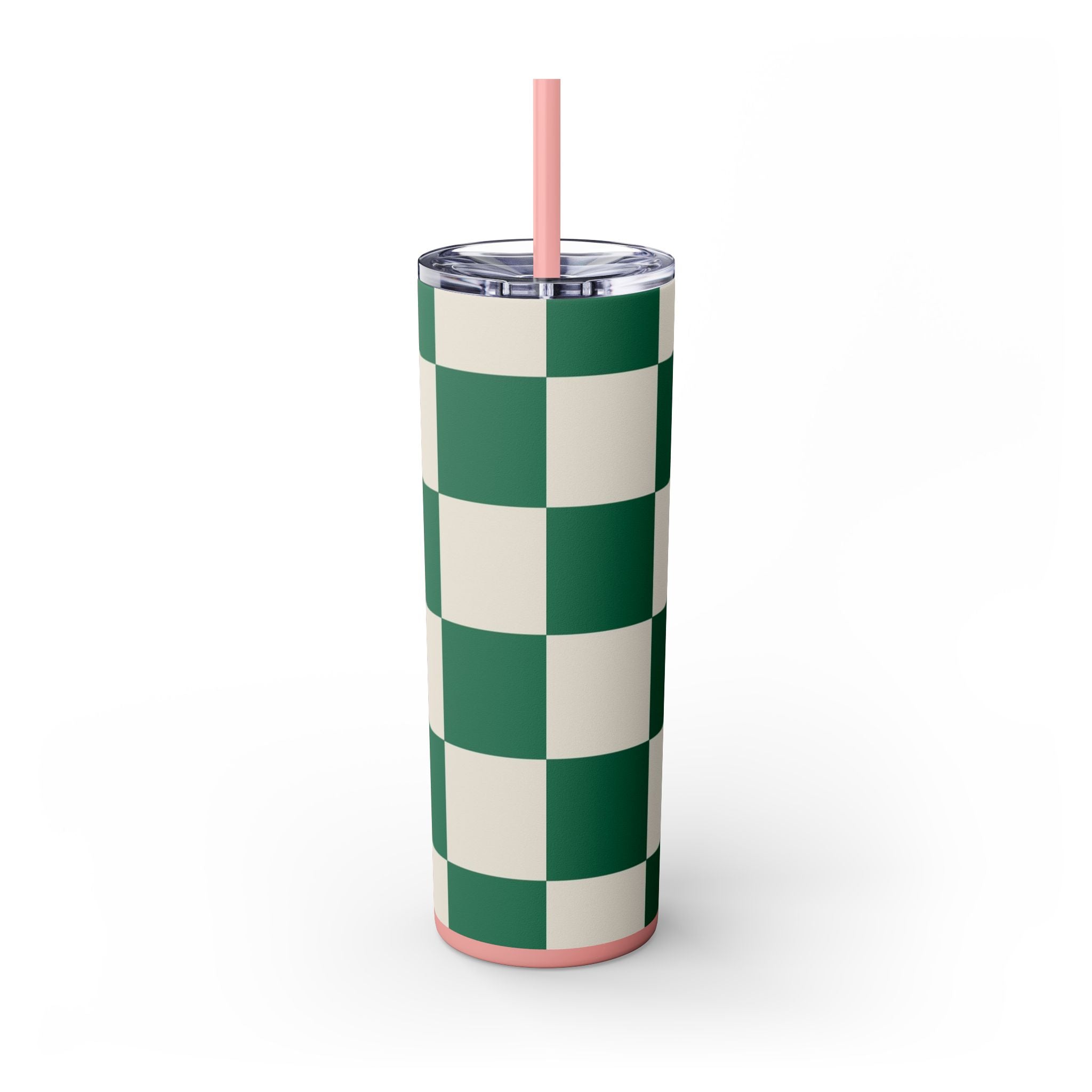 Checkerboard Dark Green Skinny Tumbler with Straw, 20oz, Artsulli - Art is Long, Life is Short, Mug, , , , , , , 