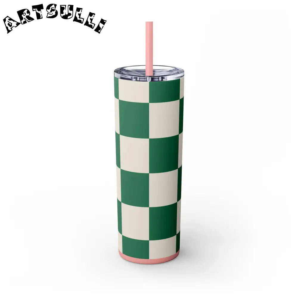 JAKKOUTTHEBXX Checkerboard Dark Green Skinny Tumbler with Straw 20oz