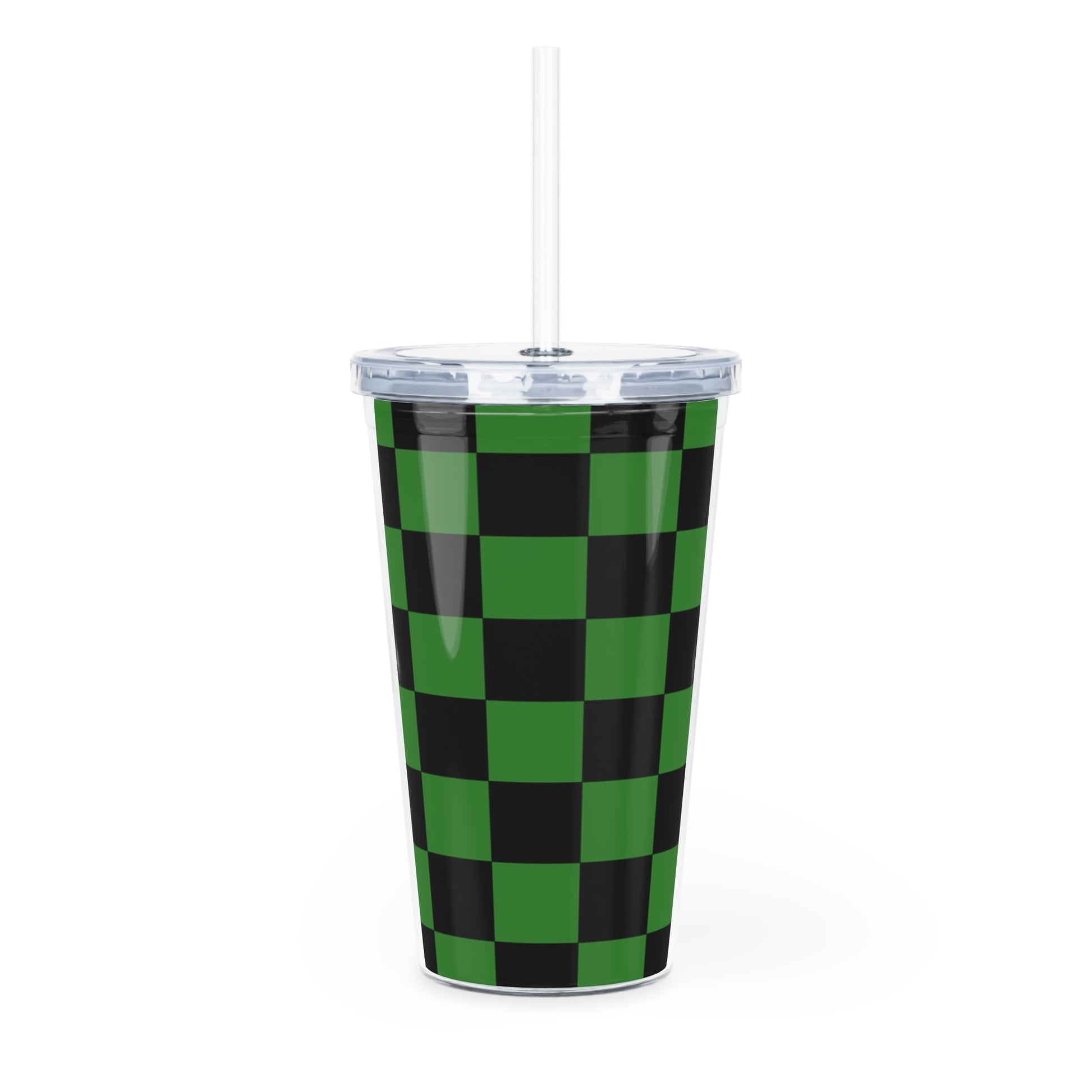 Checkerboard Green and Black Plastic Tumbler with Straw, Artsulli - Art is Long, Life is Short, Mug, , , , , , , 
