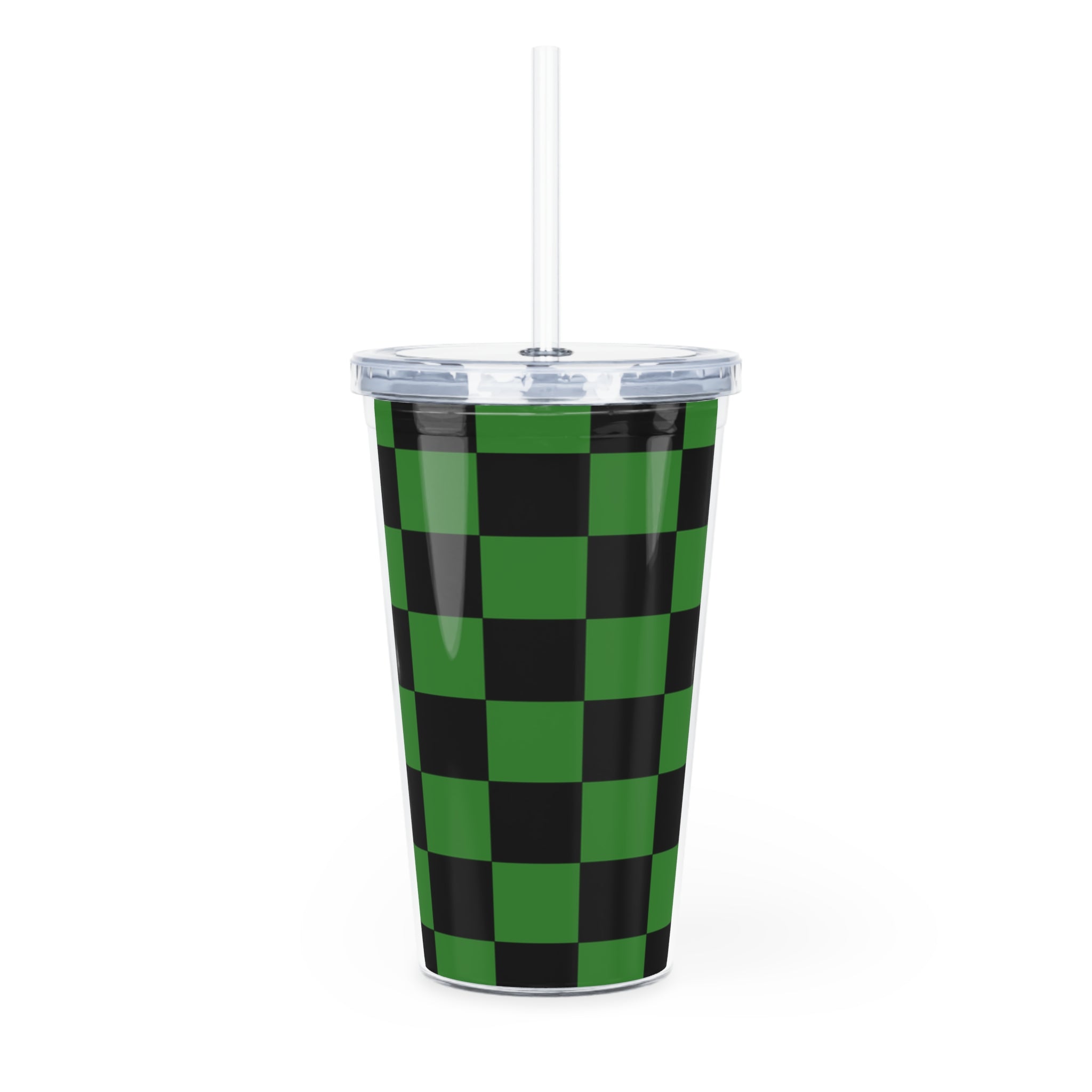 Checkerboard Green and Black Plastic Tumbler with Straw, Artsulli - Art is Long, Life is Short, Mug, , , , , , , 