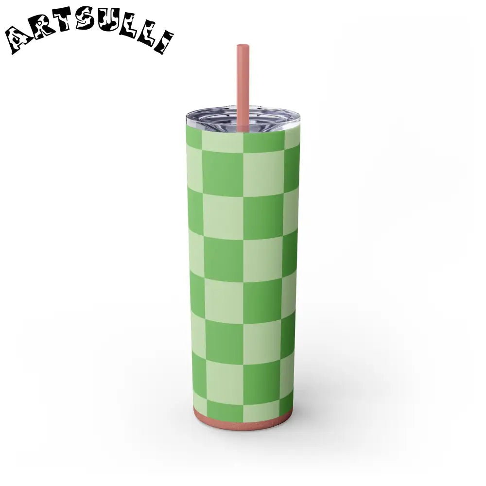 JAKKOUTTHEBXX Checkerboard Green Skinny Tumbler with Straw 20oz