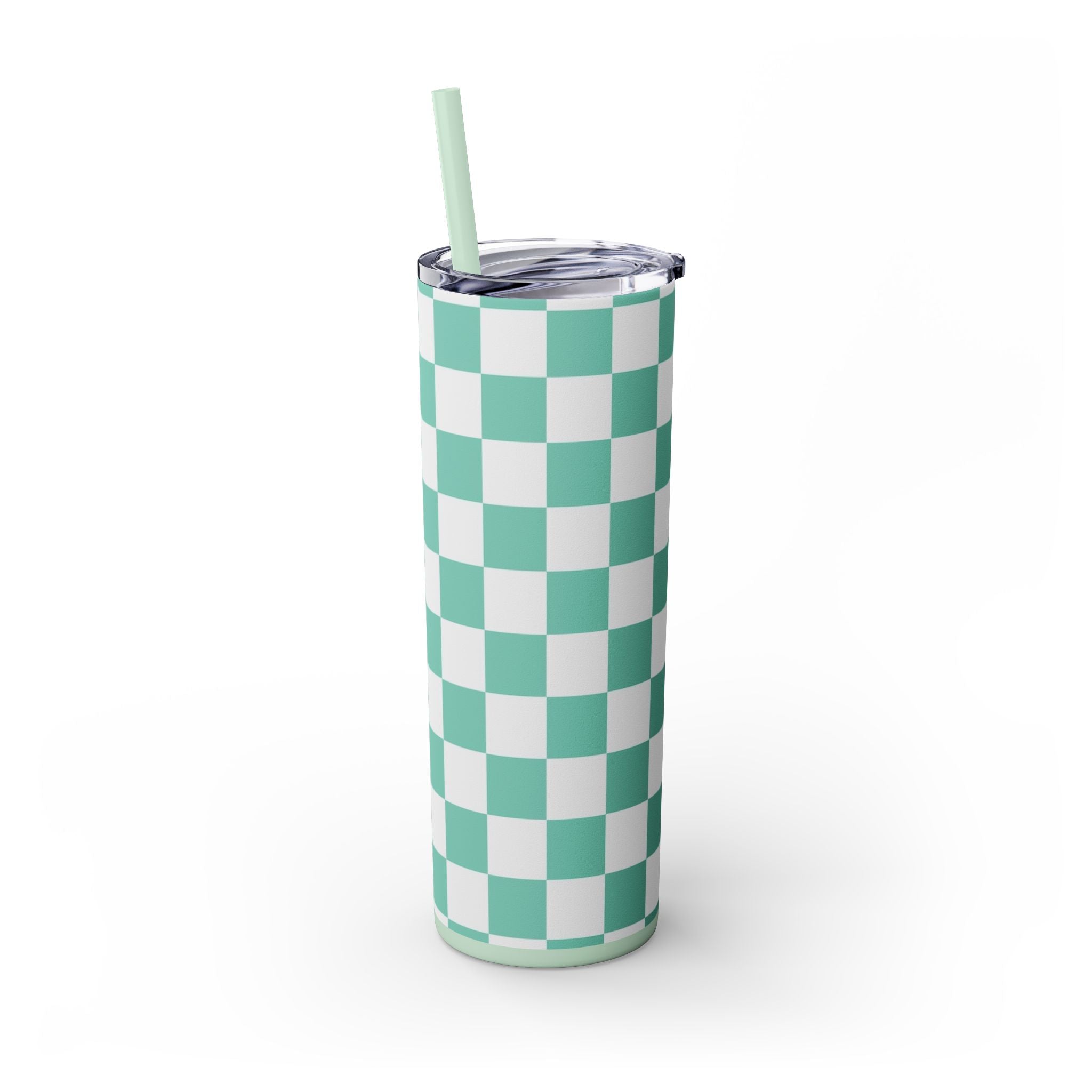 Checkerboard Light Green Skinny Tumbler with Straw, 20oz, Artsulli - Art is Long, Life is Short, Mug, , , , , , , 