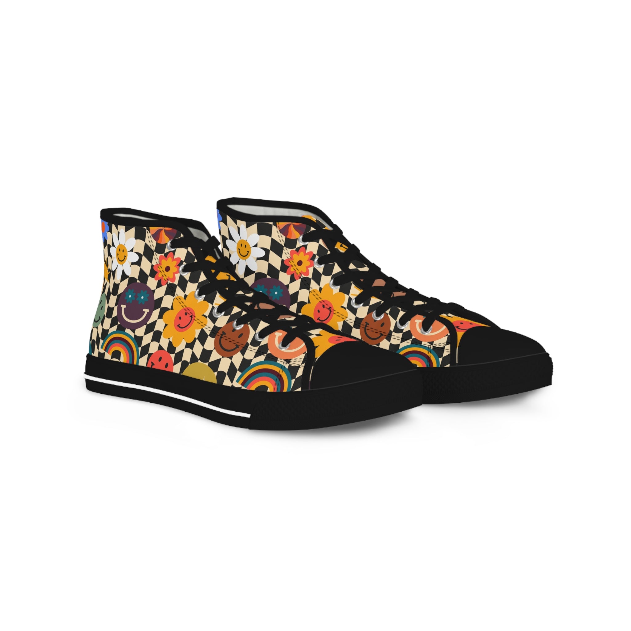 Trippy x Wavy Checkerboard x Smiley Face x Rainbow x Flowers II Multi-Color Men's High Top Sneakers, Artsulli - Art is Long, Life is Short, Shoes, Size, US 5, Color, Black sole, , , 19483348966740646867