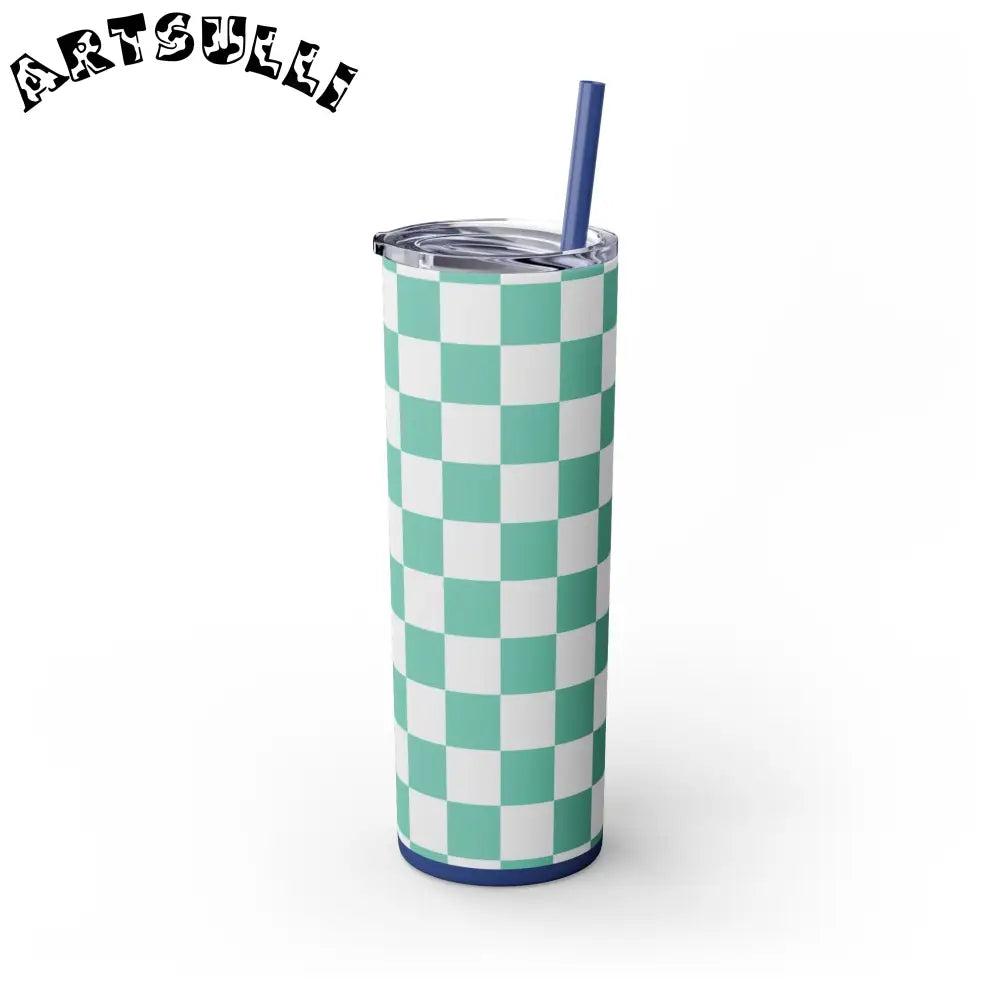 JAKKOUTTHEBXX Checkerboard Light Green Skinny Tumbler with Straw