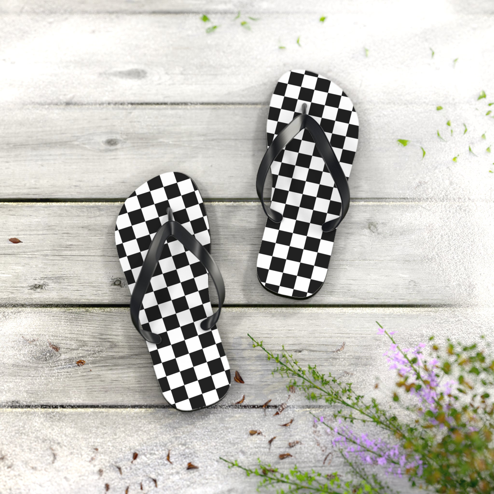 Checkerboard White and Black Flip Flops, Artsulli - Art is Long, Life is Short, Shoes, , , , , , , 