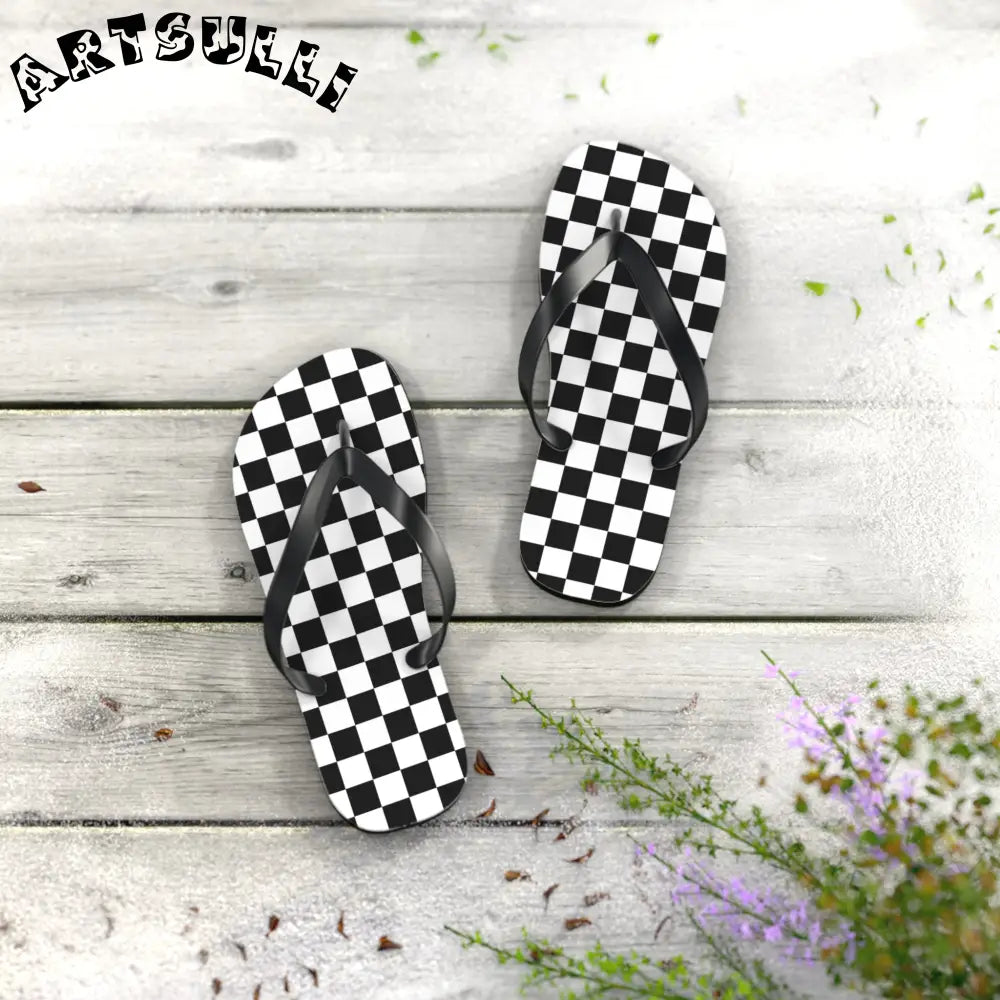 JAKKOUTTHEBXX Checkerboard White and Black Flip Flops JAKKOUTTHEBXX
