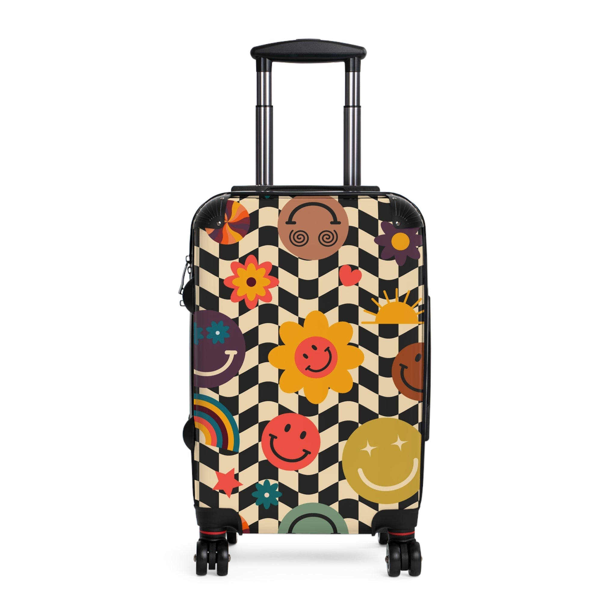 Trippy x Wavy Checkerboard x Smiley Face x Rainbow x Flowers Multi-Color Suitcase, Artsulli - Art is Long, Life is Short, Bags, Size, Small, Color, Black, , , 57373794105571945967