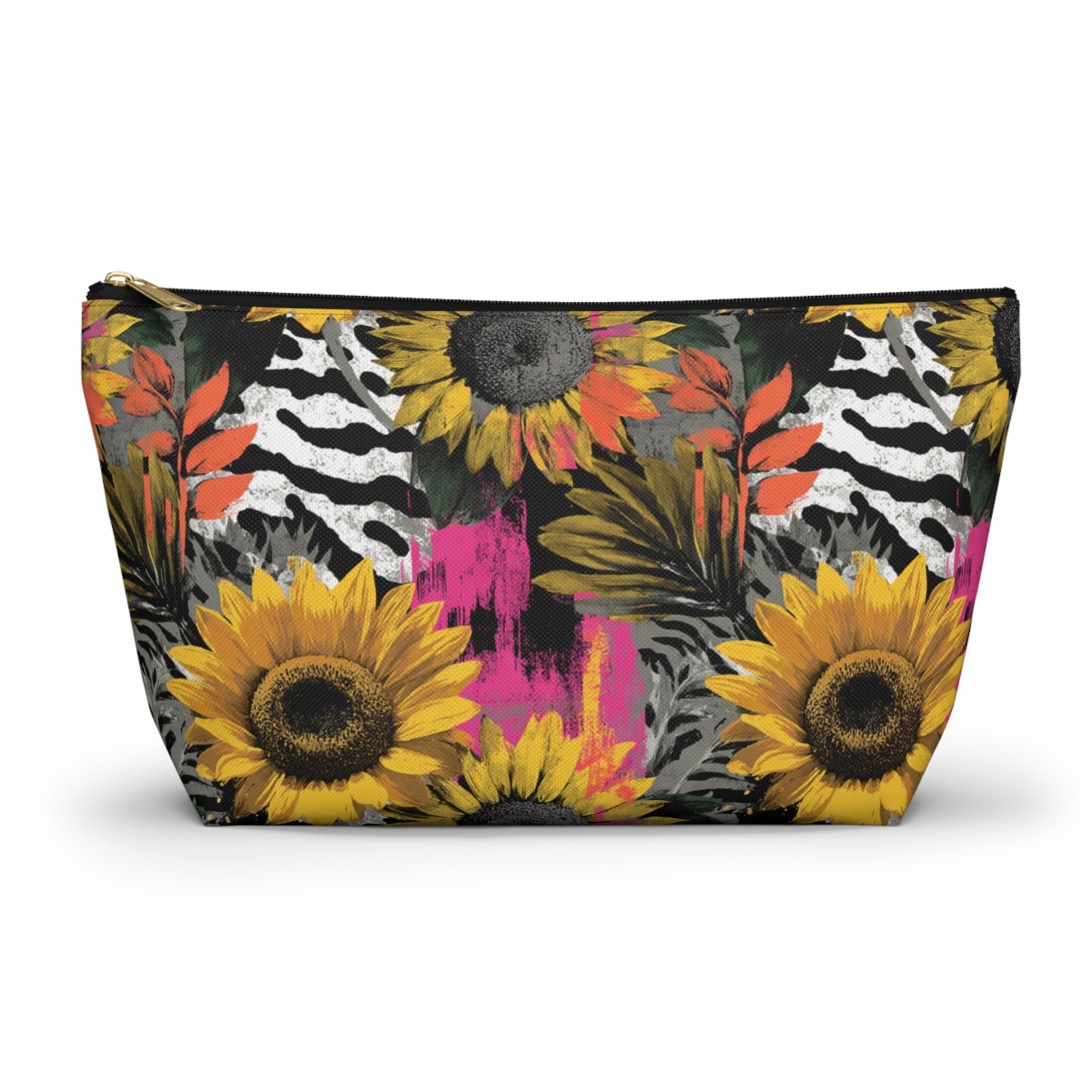 Zebra Stripes x Sunflowers Multi-Color Accessory Pouch w T-bottom, Artsulli - Art is Long, Life is Short, Bags, Size, Large, Color, Black zipper, , , 19527936206072296206