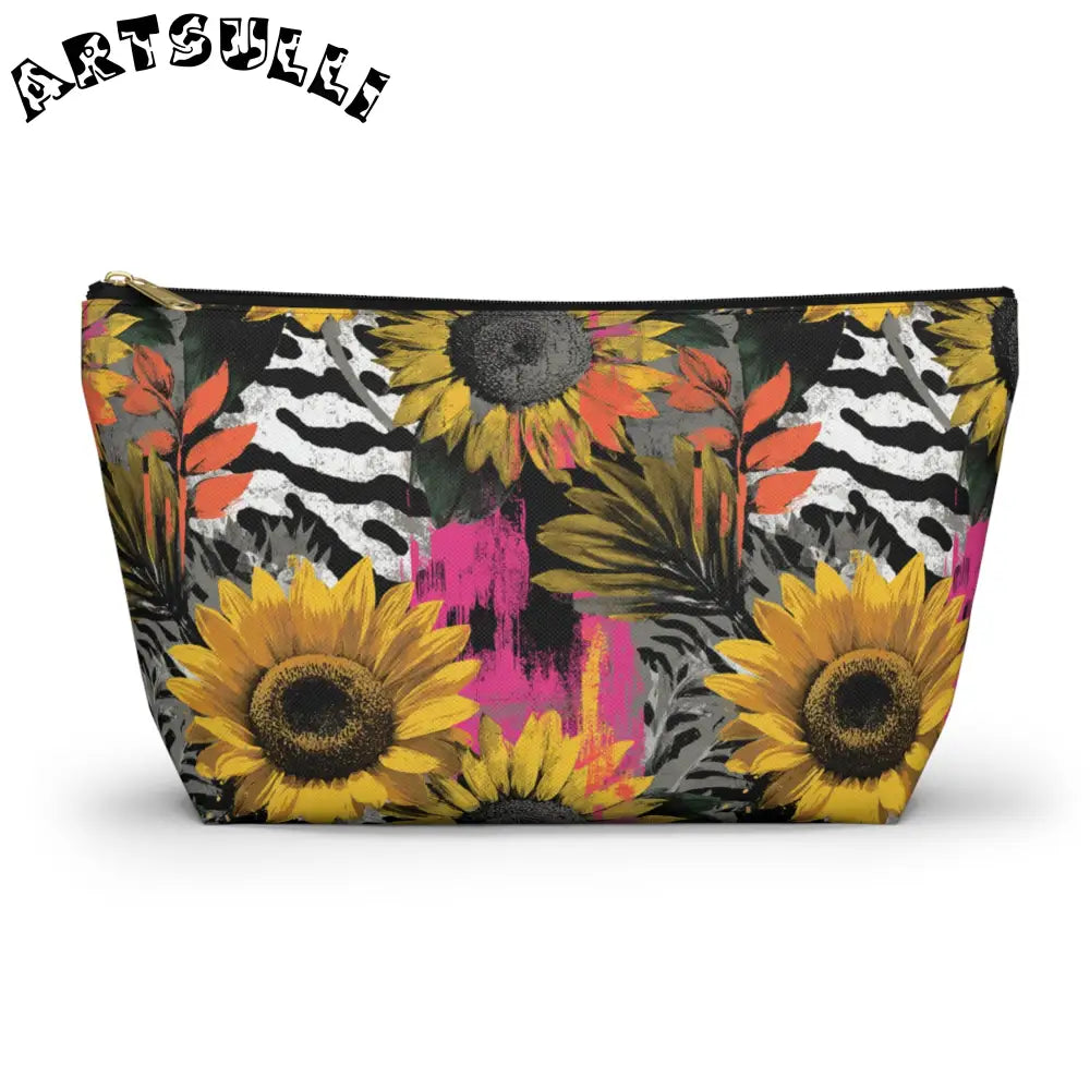 Zebra Stripes x Sunflowers Multi-Color Accessory Pouch w T-bottom, Artsulli - Art is Long, Life is Short, Bags, Size, Large, Color, Black zipper, , , 19527936206072296206