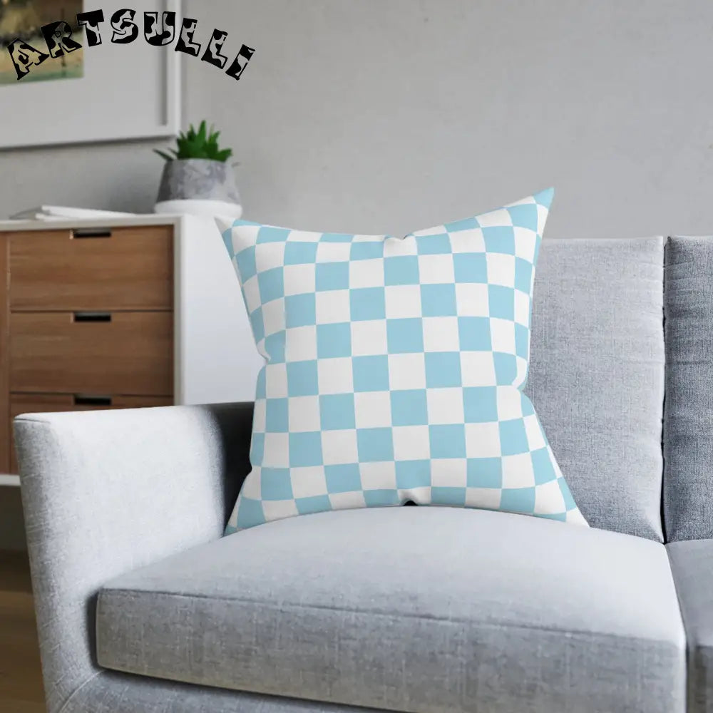 JAKKOUTTHEBXX Checkerboard Sky Blue Square Pillow JAKKOUTTHEBXX