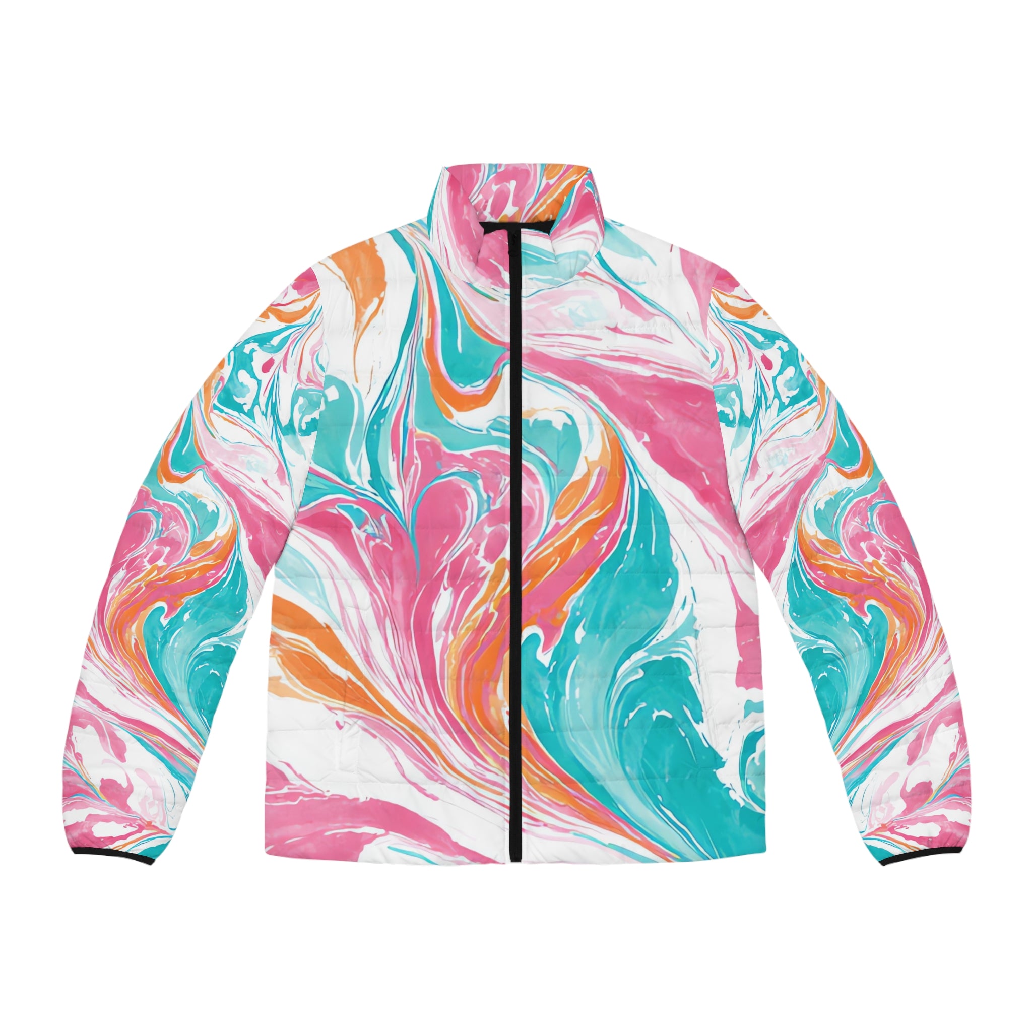 Liquid Pastel Spill Multi-Color  Men's Puffer Jacket (AOP), Artsulli - Art is Long, Life is Short, All Over Prints, Size, S, Color, Black zipper, , , 51245581360899967925